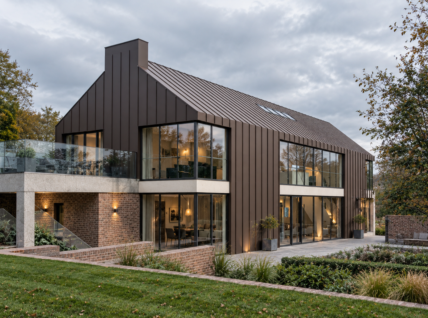 Fir Tree Barn, Ballam Road, Lytham — Rear and Side Elevations — architectural visualisation of the planning-approved contemporary replacement dwelling, featuring standing-seam metal cladding, expansive floor-to-ceiling glazing, a glazed terrace and l