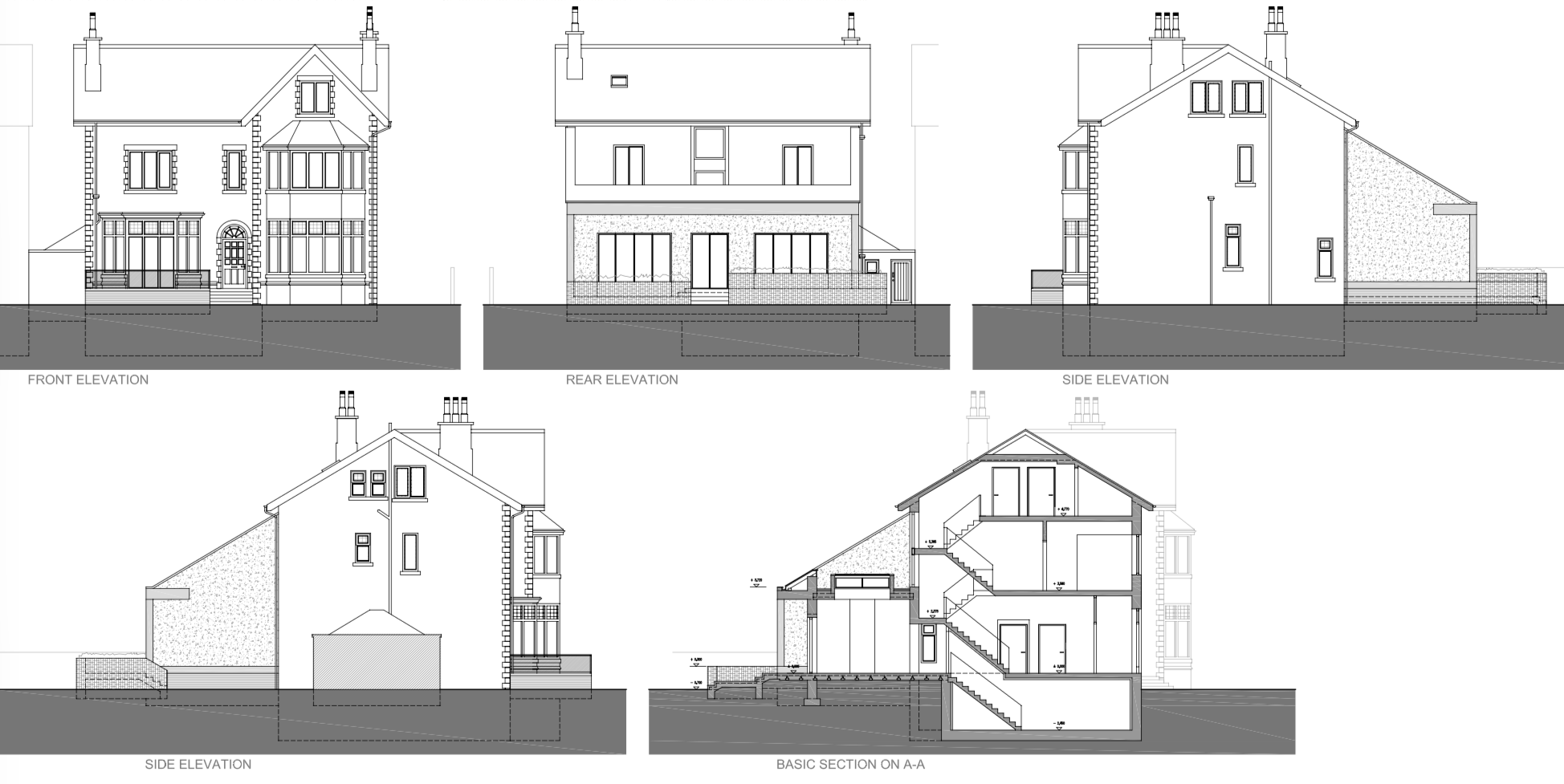 Architectural Elevations — Original architectural planning drawings illustrating proposed alterations, extensions and the redesigned property.