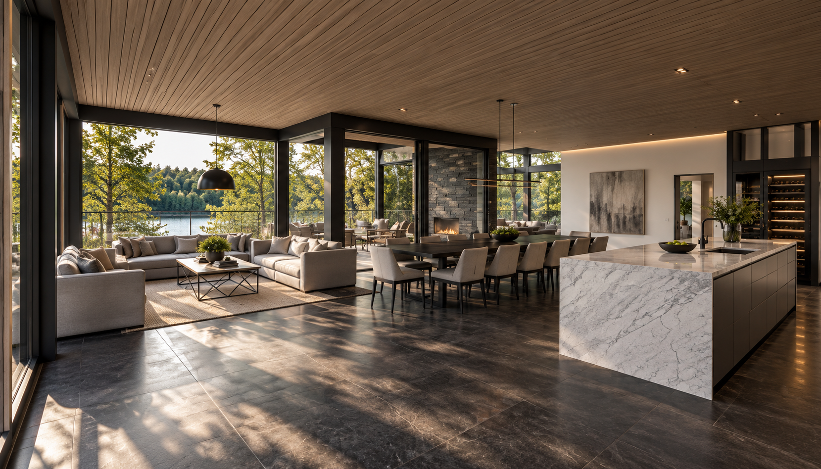 Lakeside Corporate Retreat, Windermere — Main Building Communal Kitchen, Dining and Lounge — interior visualisation of the planning-approved corporate retreat, featuring an expansive open-plan communal space overlooking Lake Windermere. A bespoke kit