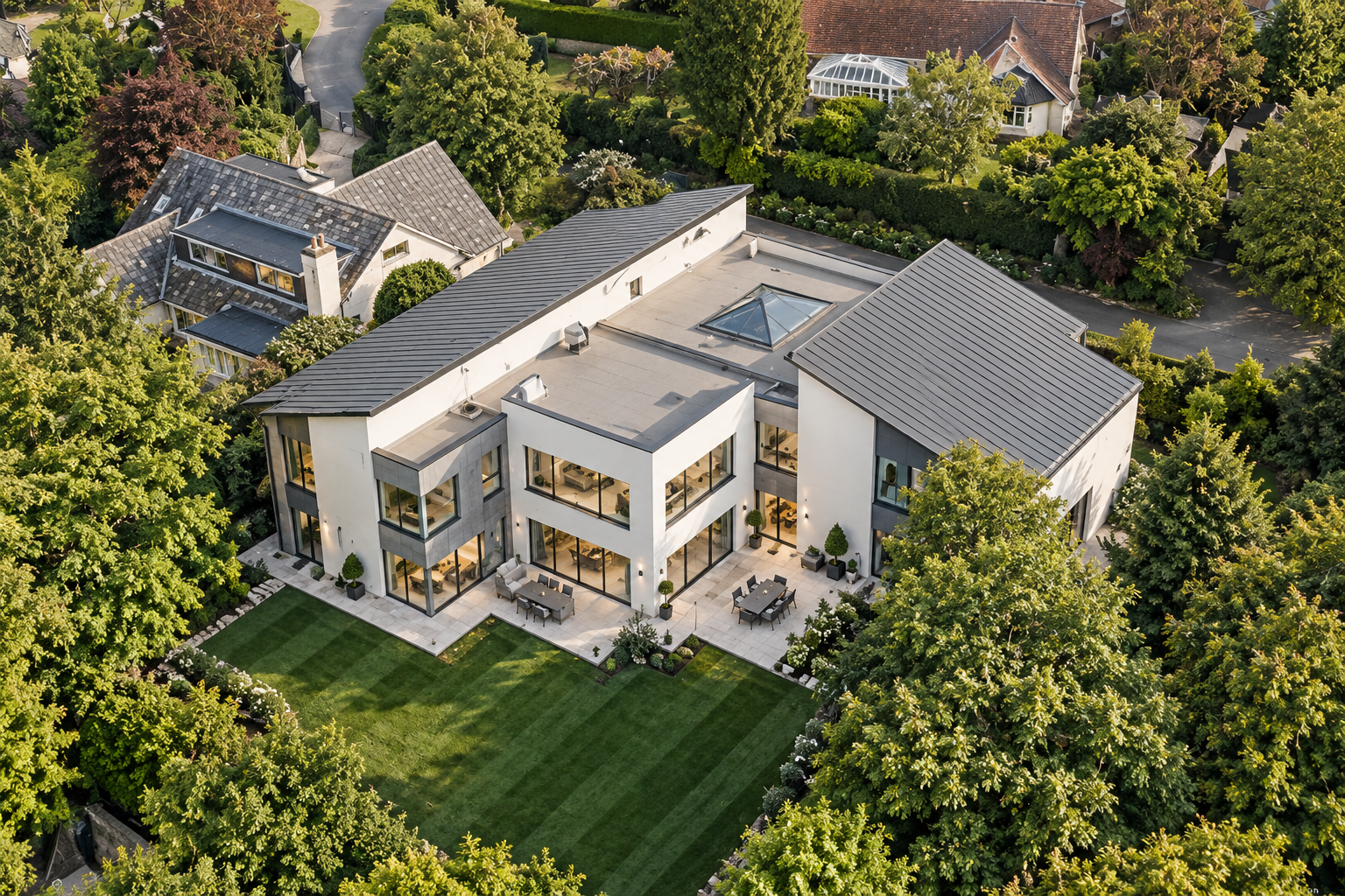 Aerial rear view of a contemporary luxury home featuring striking architectural forms, extensive floor-to-ceiling glazing, landscaped terraces and generous private gardens surrounded by mature trees.