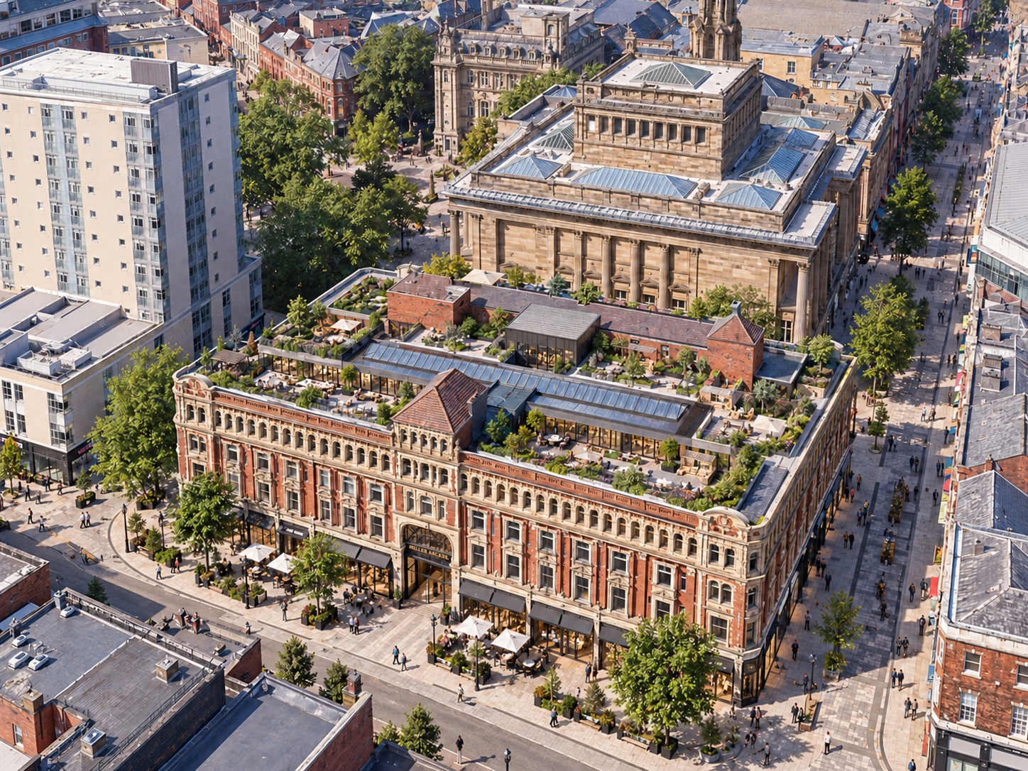 Miller Arcade, Preston, Lancashire — aerial architectural illustration of Joel Firth’s regeneration vision for the historic Victorian arcade, featuring restored heritage façades, new rooftop terraces, landscaped gardens and contemporary residential a