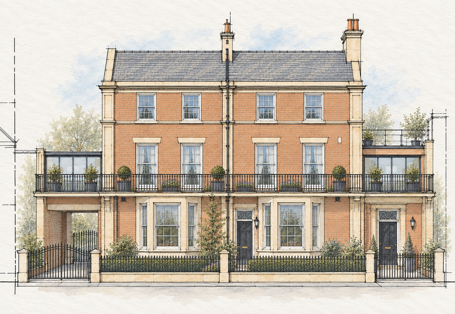 Architectural illustration of the proposed restoration of 12 & 12A West Beach, Lytham, showing the reinstatement of traditional façade detailing, sash windows, stone features and balconies, informed by historic photographs of the original property.