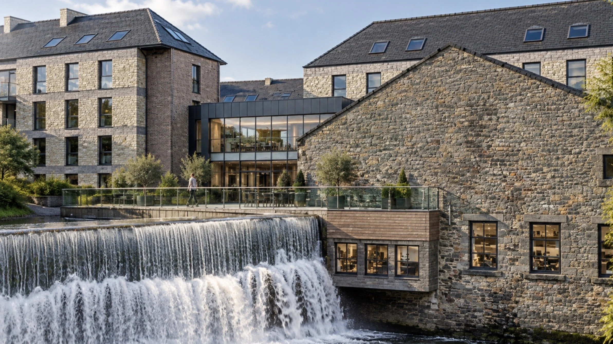 Historic Turbine Hall at Roach Bridge Mill, Lancashire, incorporating the reinstatement of hydroelectric power generation from the River Darwen as part of the wider industrial regeneration proposals.