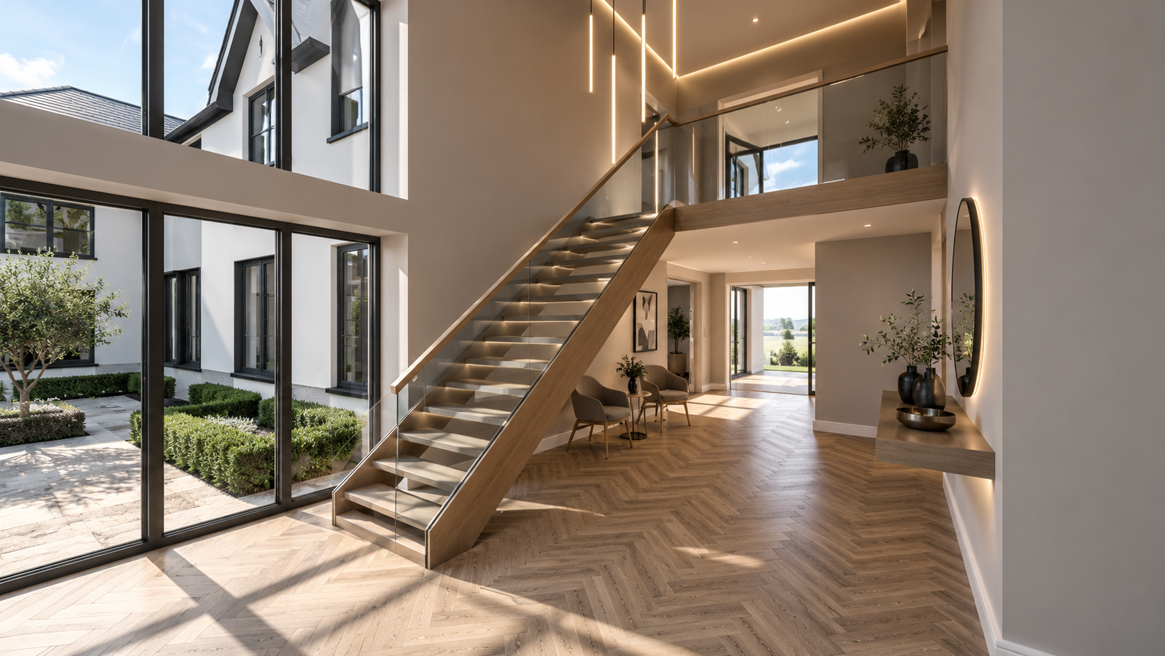 7 Church Drive, Lytham St Annes — Entrance Hall Design — contemporary double-height entrance hall featuring a sculptural floating staircase, glass balustrades, herringbone timber flooring and expansive floor-to-ceiling glazing. Integrated architectur
