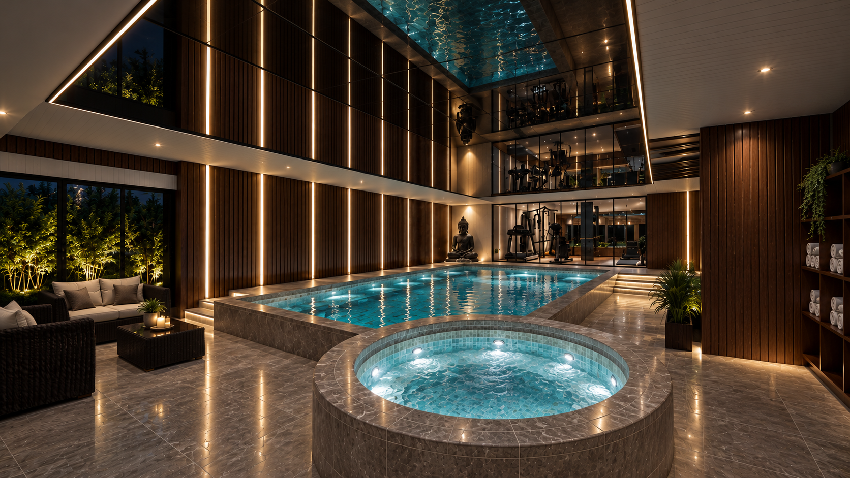 Luxury indoor spa design featuring a swimming pool with stretched mirror ceiling. .