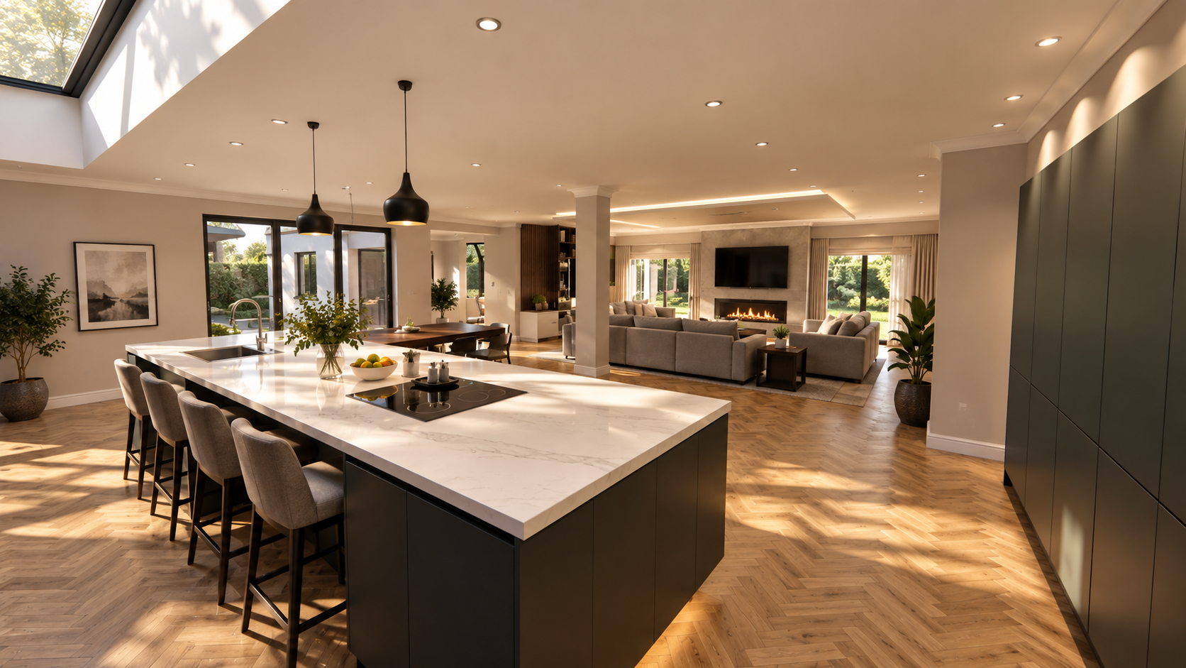 7 Church Drive, Lytham — luxury open-plan kitchen and family living area featuring a bespoke island, herringbone oak flooring, rooflights and contemporary architectural lighting.
