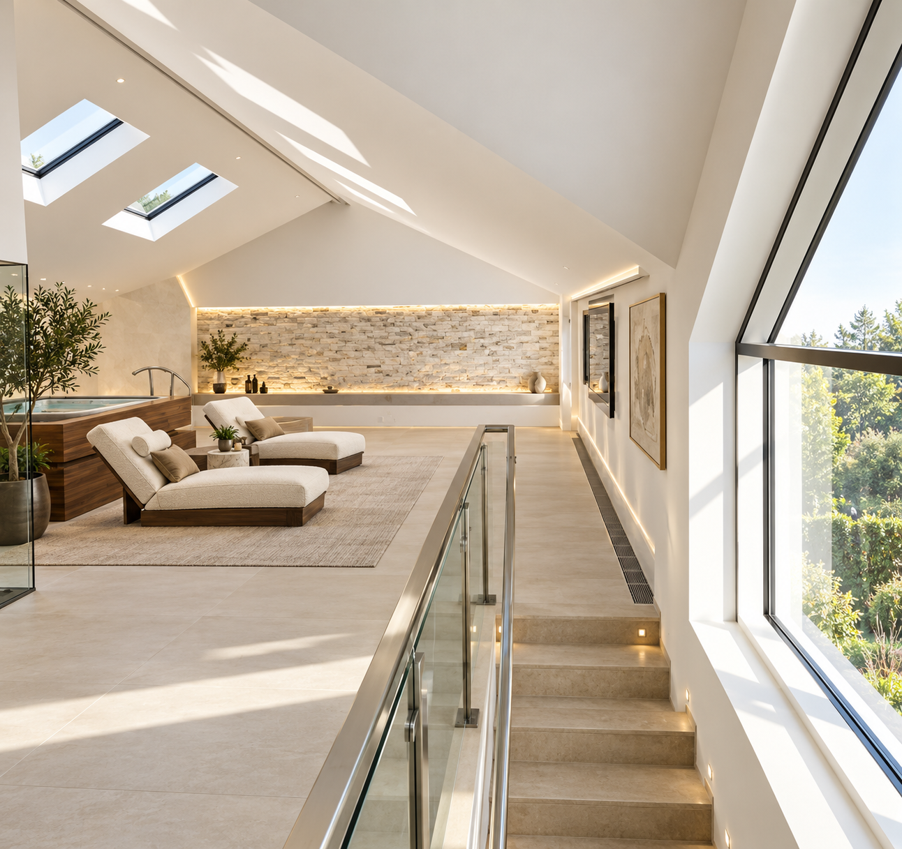 Upper-Level Pool — Light-filled leisure space featuring a private swimming pool, roof glazing and contemporary finishes.