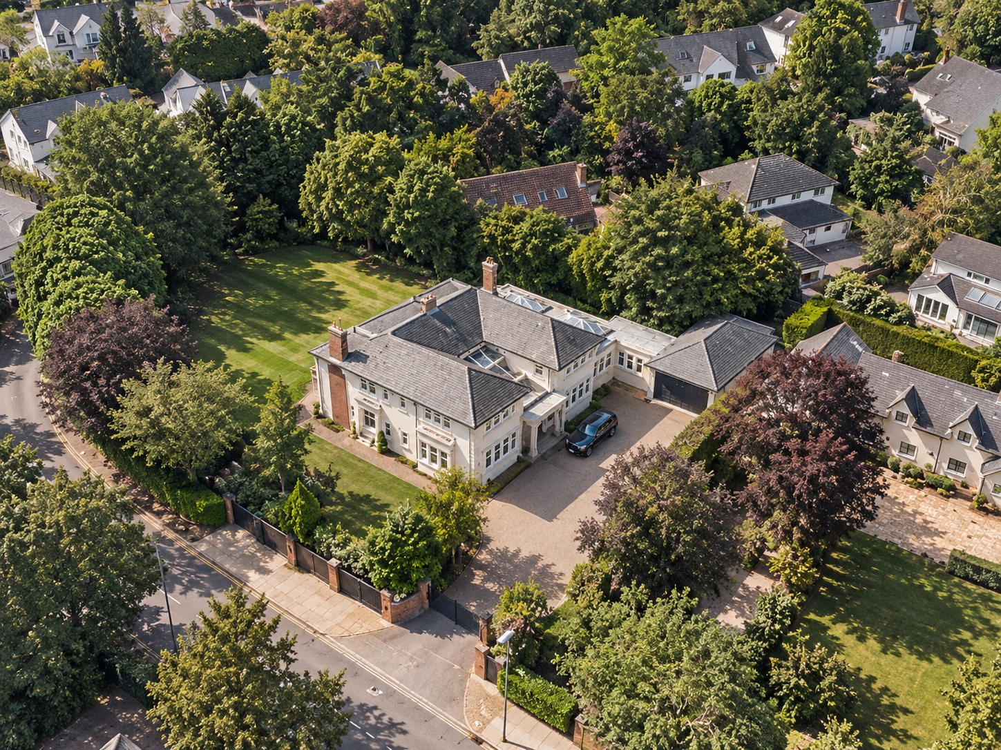 Applegarth, Islay Road, Lytham, Lancashire — aerial view of a luxury detached residence set within extensive landscaped gardens, mature trees and private grounds with a generous driveway and detached garage.