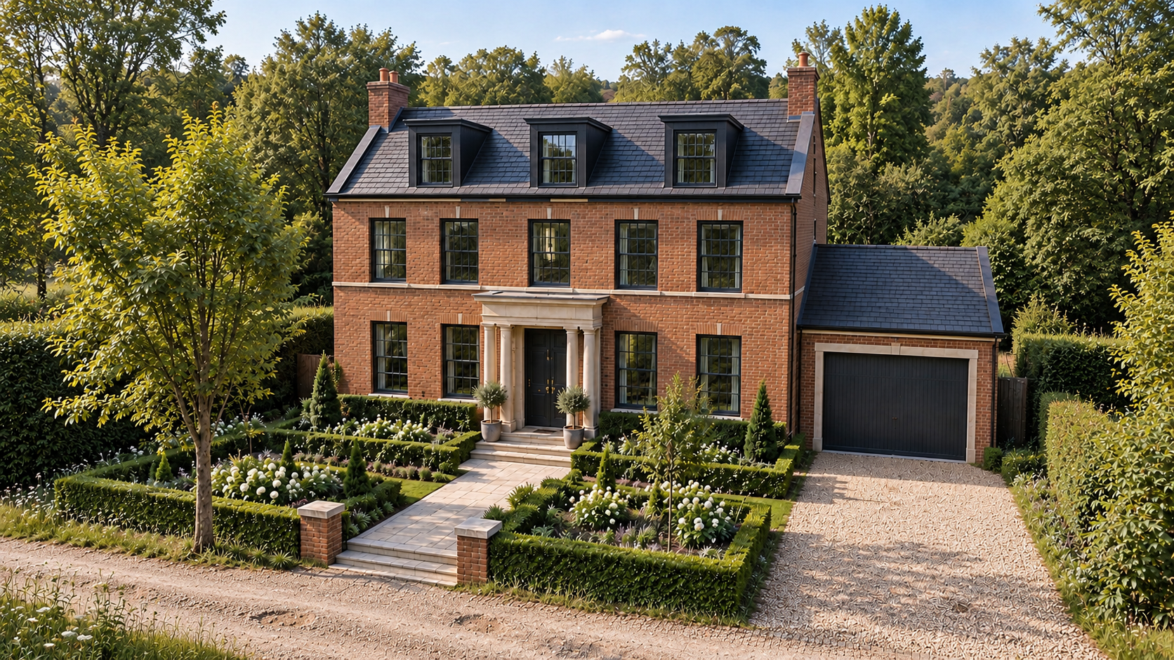 Silver Birches, Islay Road, Lytham, Lancashire — luxury new-build Georgian-style residence featuring a symmetrical brick façade, classical entrance portico, formal landscaped gardens and an integrated garage.