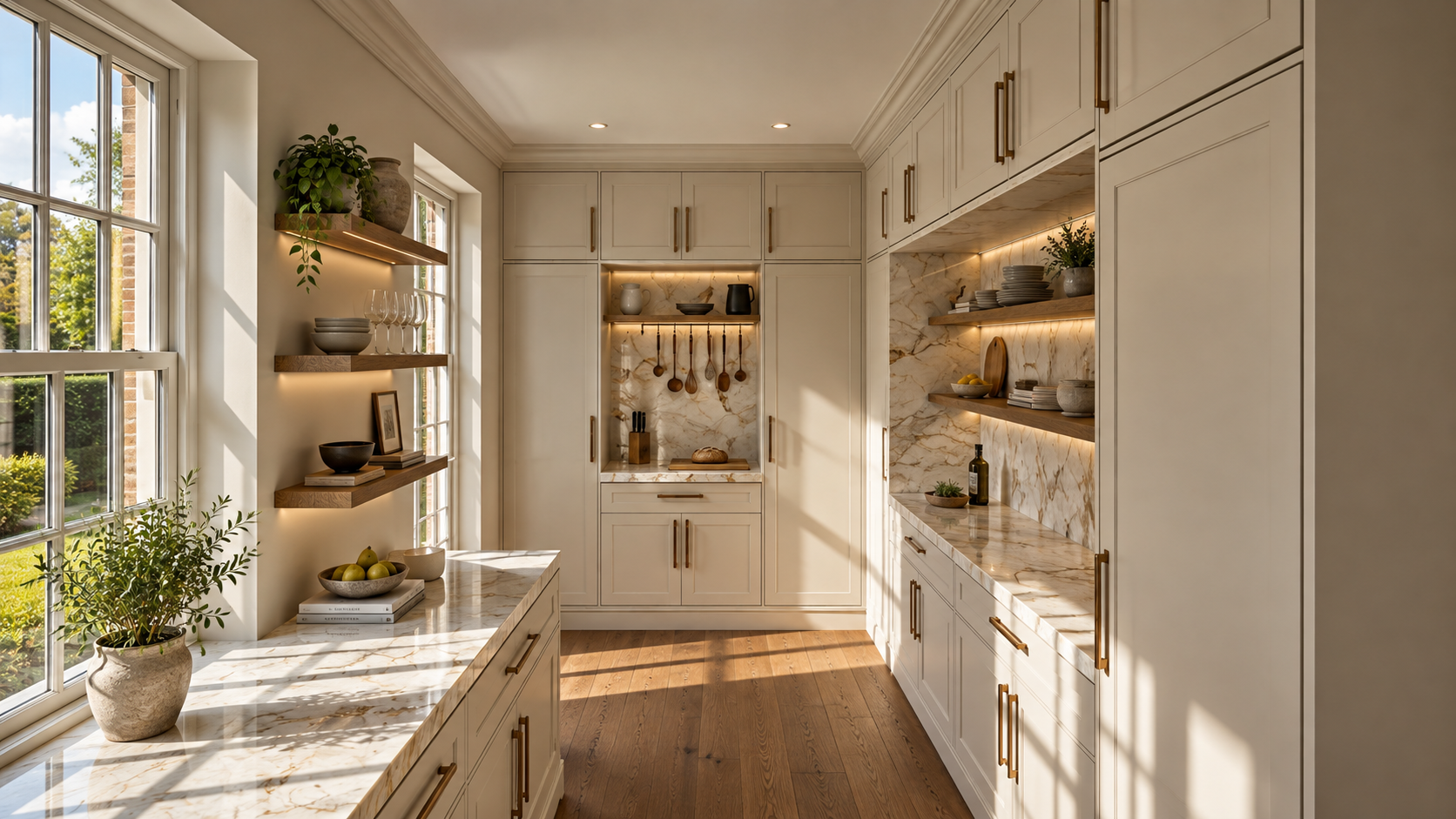 Silver Birches, Islay Road, Lytham — bespoke pantry design featuring traditional fitted cabinetry, marble worktops, illuminated open shelving, oak flooring and generous natural light.