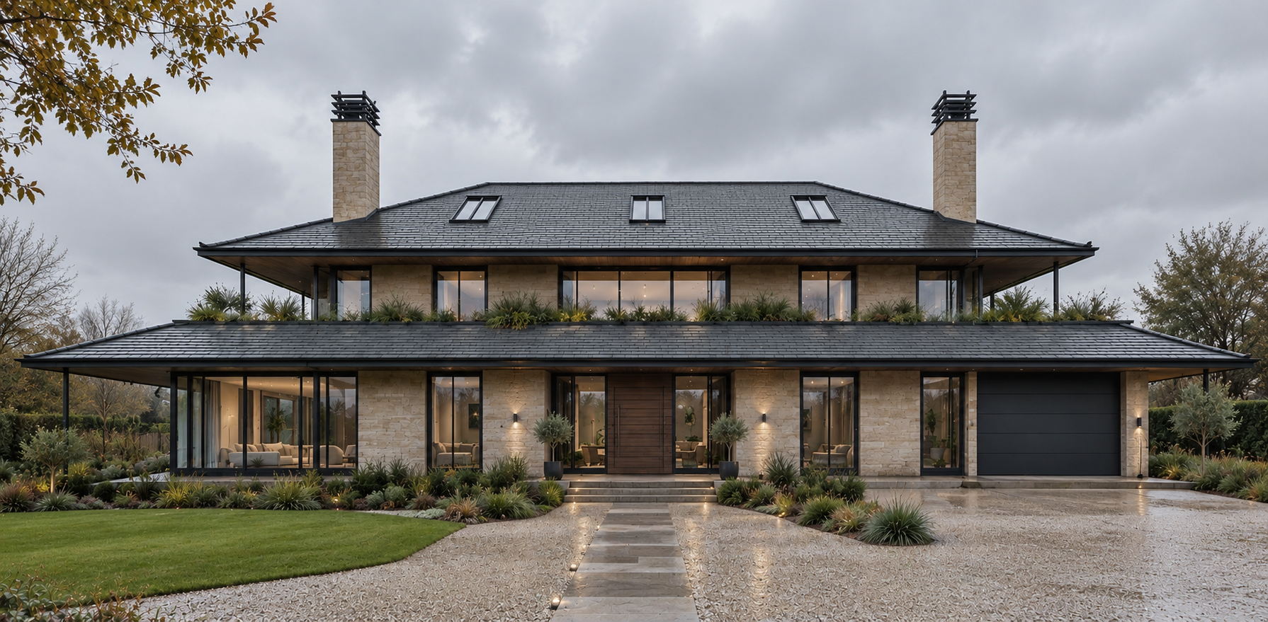 Bespoke modern new-build home designed by Chartered Architect Joel Firth. The contemporary country house combines strong horizontal rooflines, generous glazing and carefully detailed natural materials.