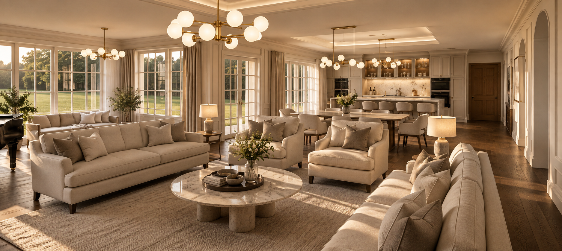 Luxury open-plan living, dining and kitchen interior in a Georgian-style Lancashire home, featuring elegant furnishings, contemporary lighting and expansive garden-facing glazing.