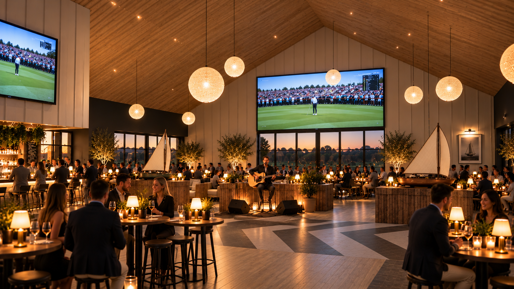 Spacious sports bar and restaurant with vaulted timber ceilings, large screens, atmospheric lighting and flexible family dining areas.