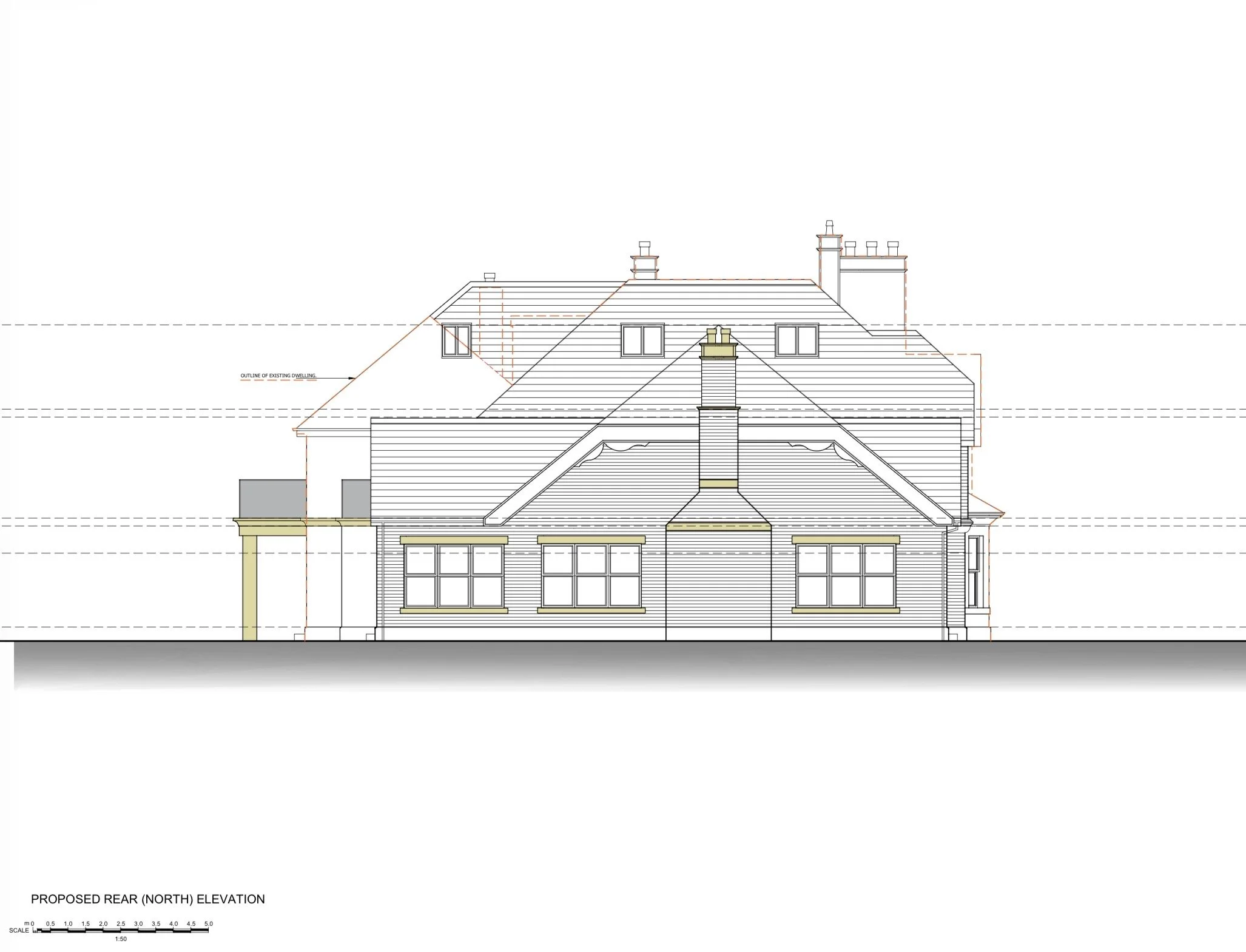 Thirlmere, Moss House Lane, Wrea Green, Lancashire — Proposed Rear Elevation — Architectural planning drawing illustrating the rear elevation of the remodelled country residence, incorporating traditional pitched roofs, dormer windows and extended ac