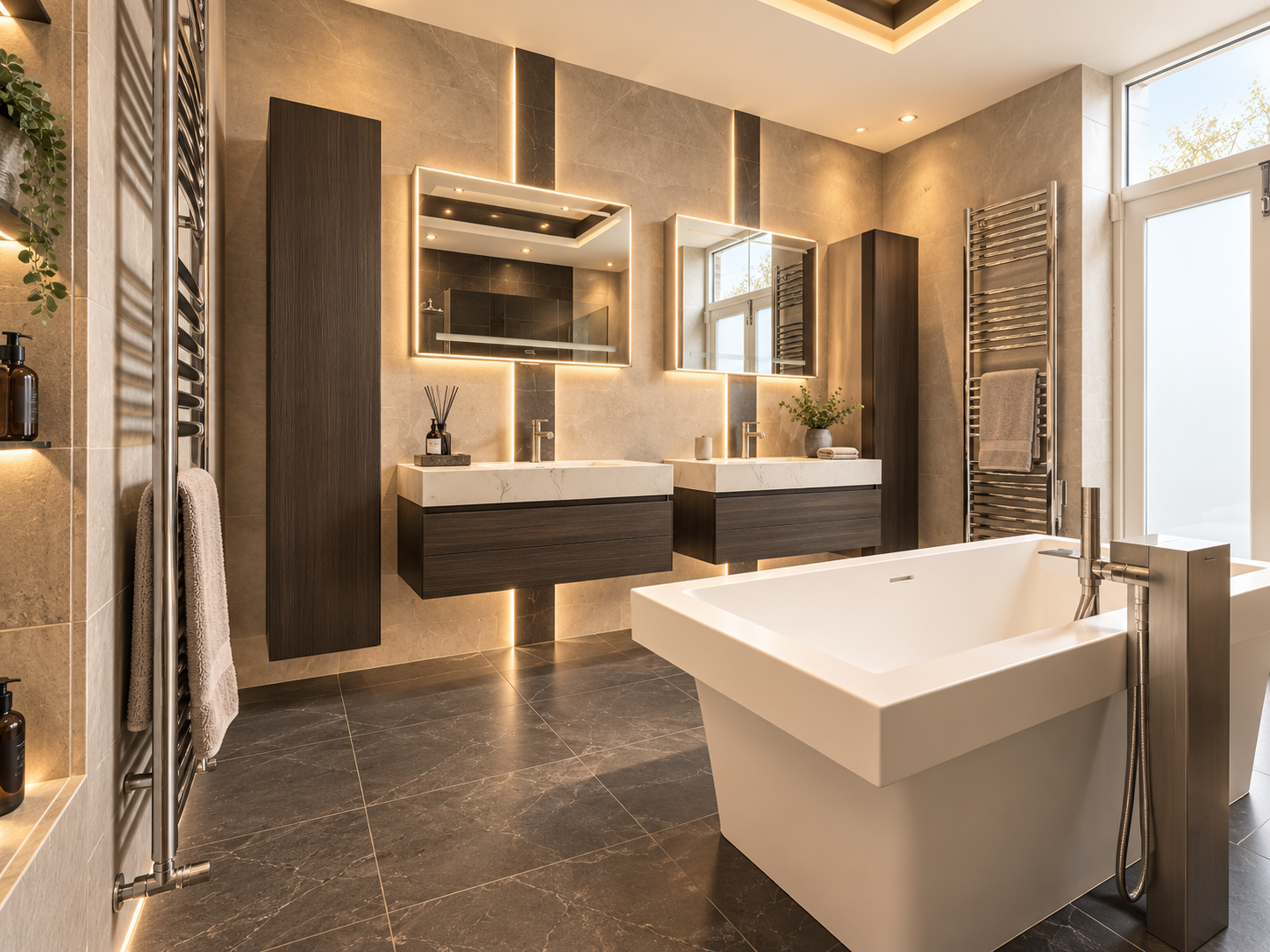Luxury Bathroom — Contemporary bathroom featuring a freestanding bath, double vanity and carefully considered lighting.