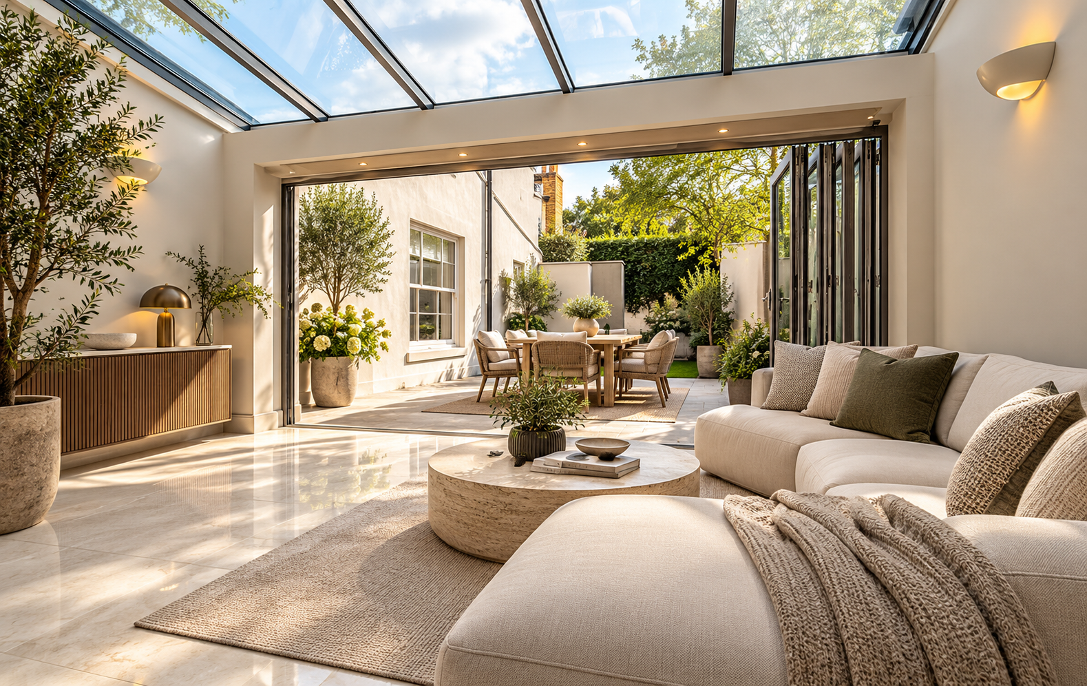 Contemporary snug adjoining the kitchen at 10 West Beach, Lytham, featuring comfortable seating, a glazed roof and expansive garden-facing glazing that fills the space with natural light.