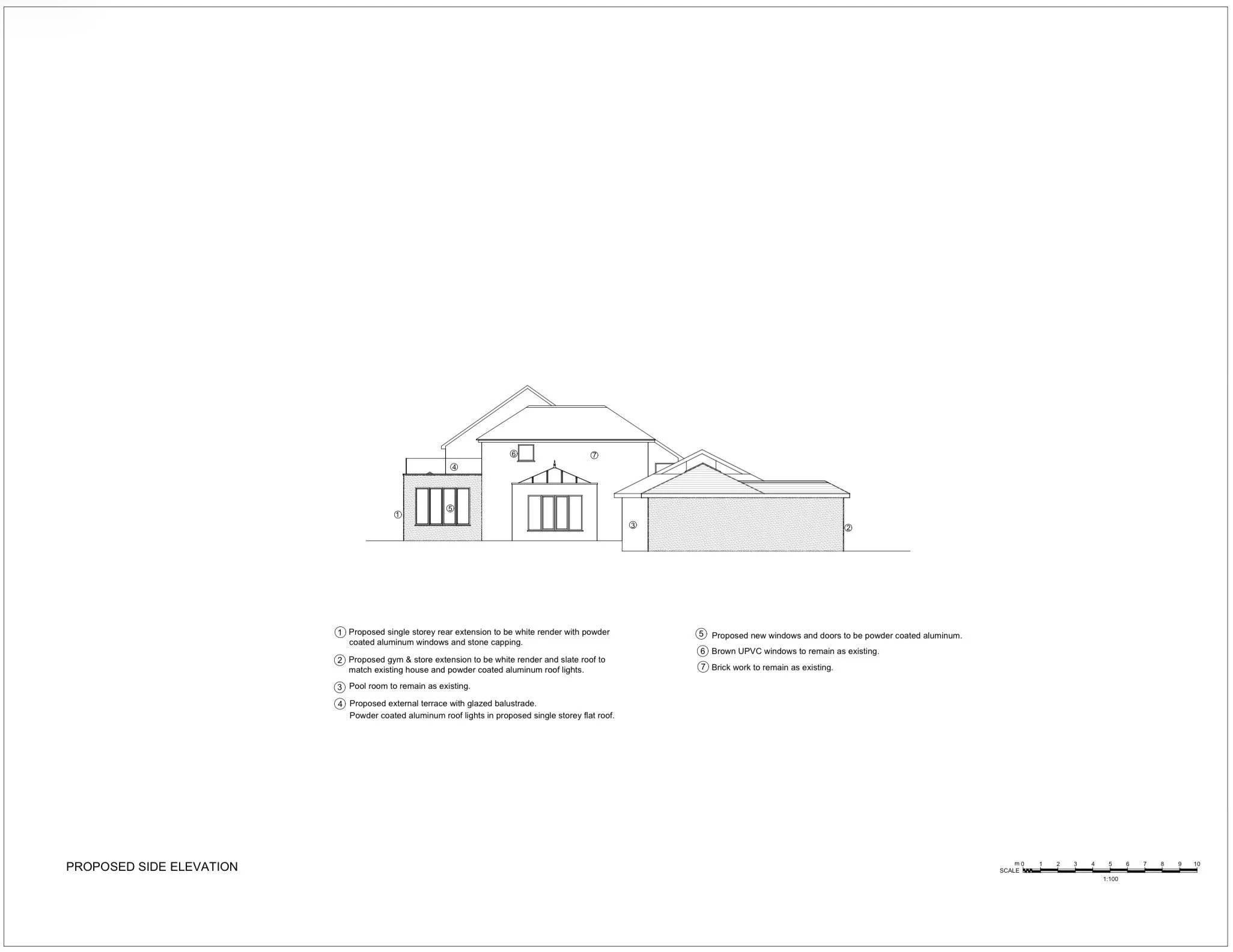 7 Church Drive, Lytham — proposed side elevation architectural drawing showing the gym and home office extensions, integrated with the existing residential architecture.