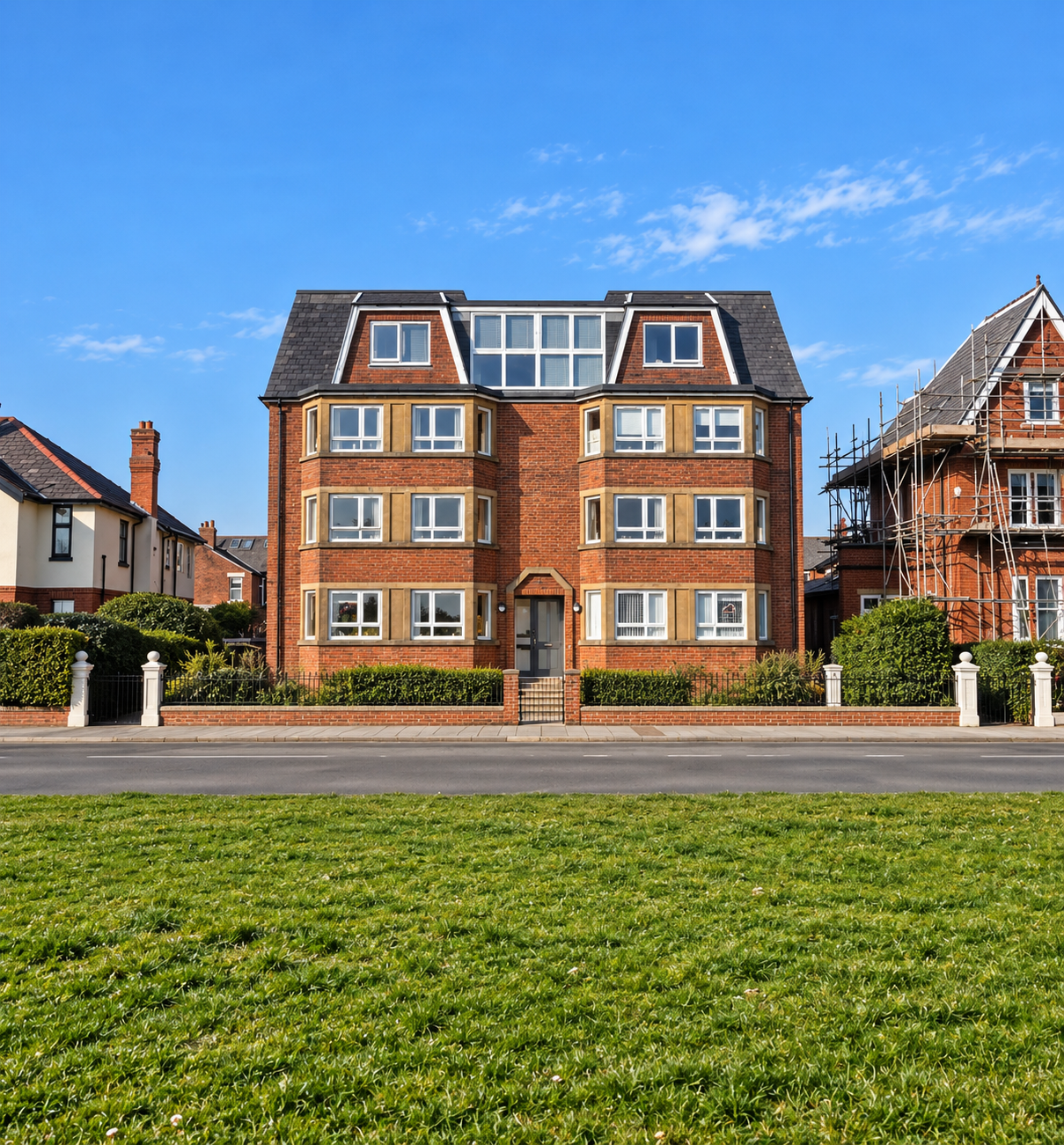 East Beach Penthouse, Lytham St Annes, Lancashire — luxury penthouse apartment renovation and remodelling designed by Chartered Architect Joel Firth. The project transforms the upper floors of a substantial red-brick seafront property, incorporating 