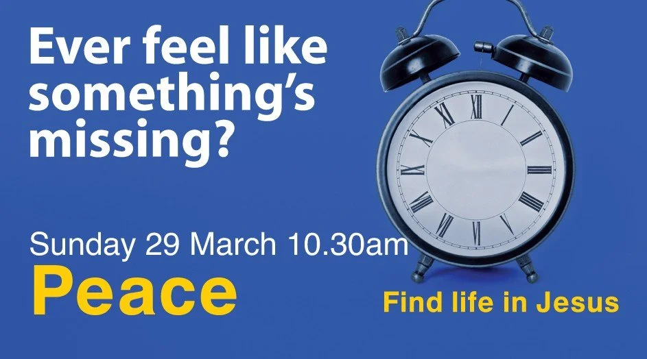 An advertisement for a religious event with a blue background, a clock with Roman numerals, and text asking if something is missing. The event is scheduled for Sunday, March 29th at 10:30 am, focusing on finding peace and life in Jesus.