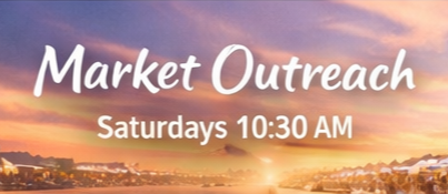 A sunset over a body of water with the text 'Market Outreach, Saturdays 10:30 AM' in white, indicating a scheduled event.