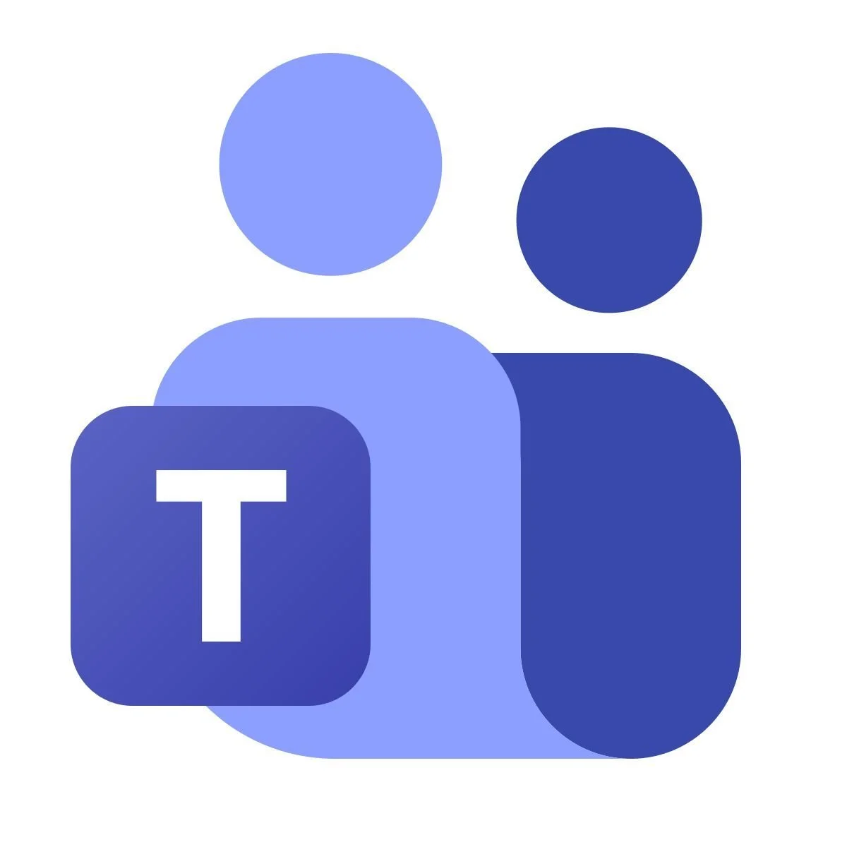 Stylized graphic of two human figures with a large letter T on a smaller square in front of one figure, representing a Microsoft Teams logo.
