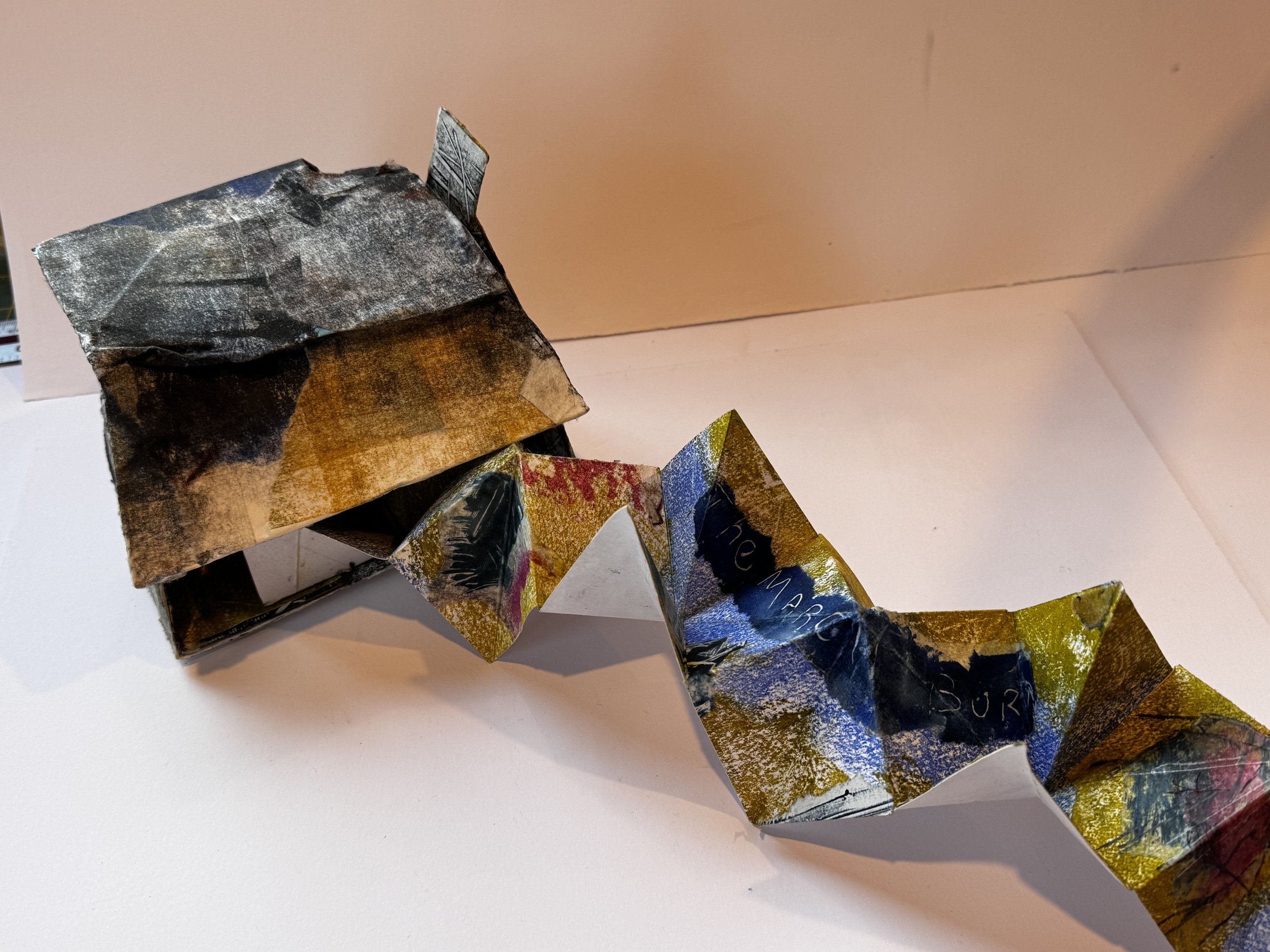 Bothy, Homeland project. Paper sculpture with pull out map. 2025
Paper sculpture and dragon fold mono print
10 x 15 x 20cm