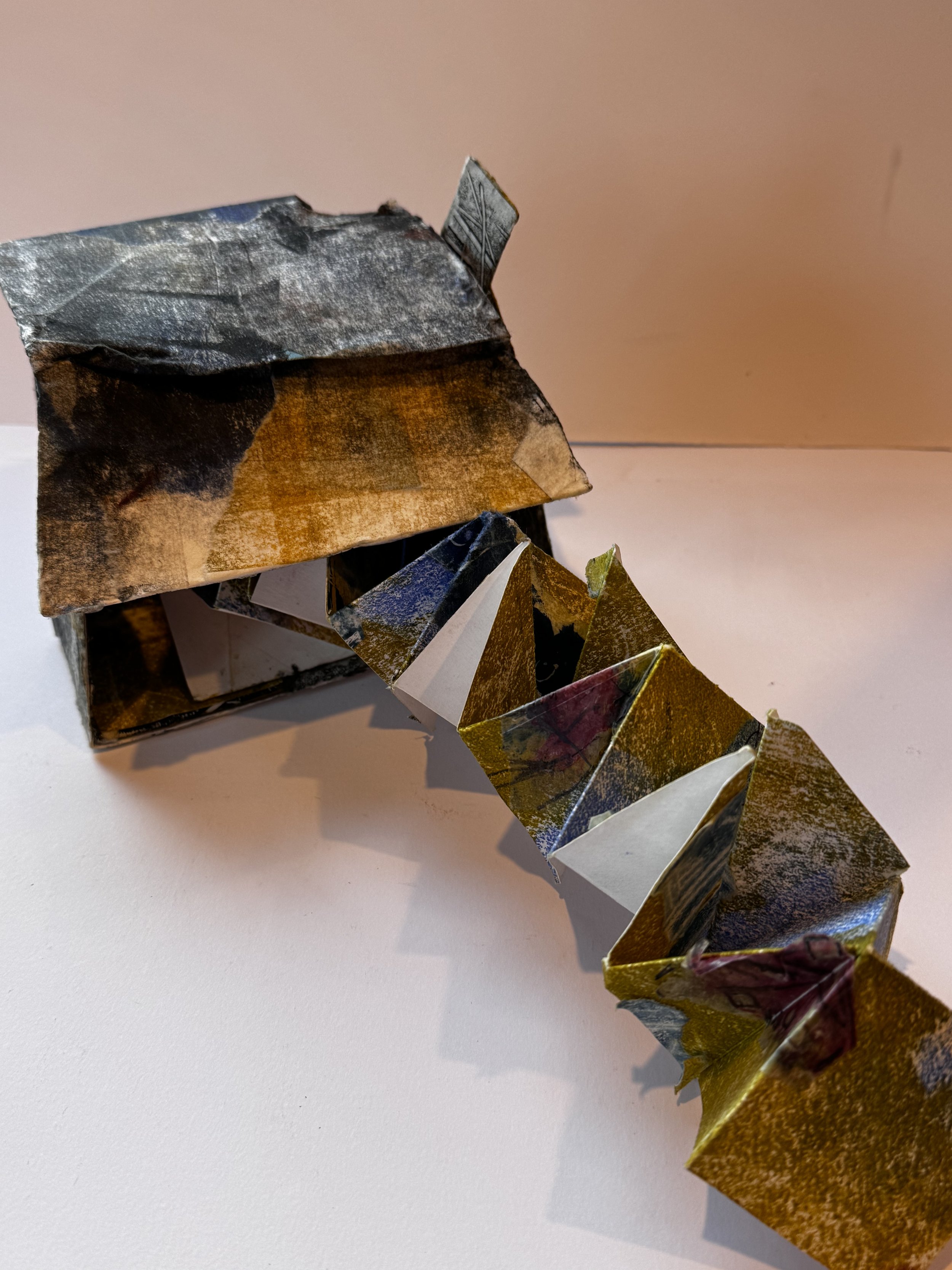 Bothy, Homeland project. Paper sculpture with pull out map. 2025
Paper sculpture and dragon fold mono print
10 x 15 x 20cm