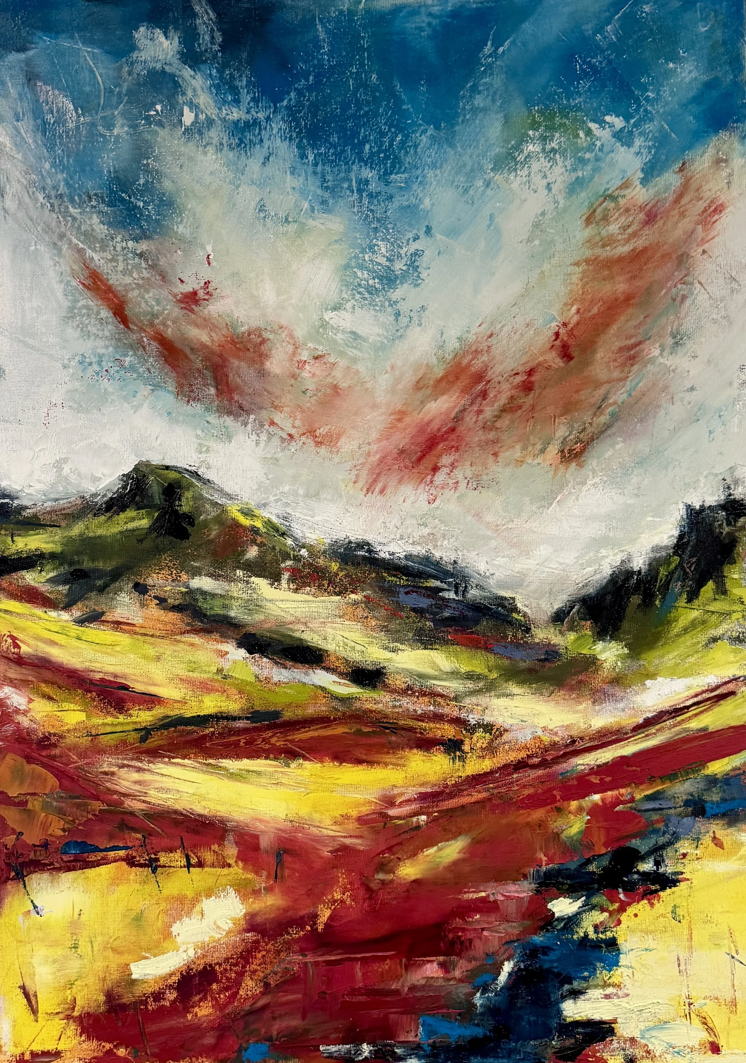 'Into the Mountains'. Oil. Framed 63 x 83cm