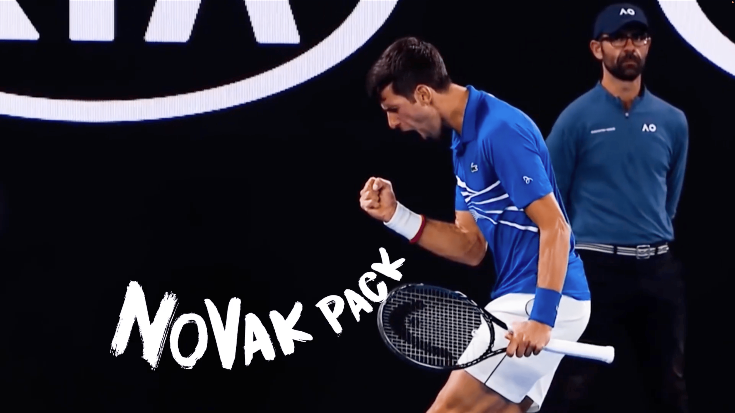 A male tennis player in a blue shirt and white shorts celebrates with a clenched fist during a match, holding a tennis racket, with an umpire watching in the background. Text over the image reads 'Novak Pack'.