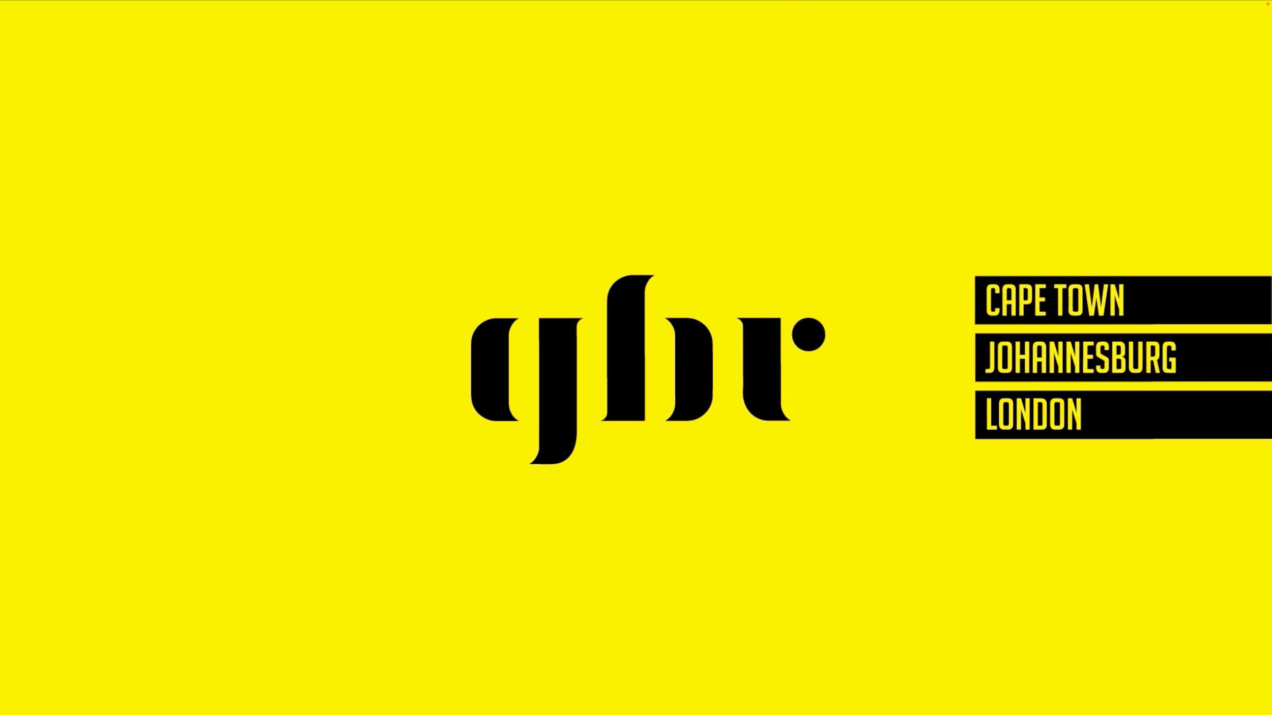 Bright yellow background with bold black text displaying three city names: Cape Town, Johannesburg, London, aligned vertically on the right side.