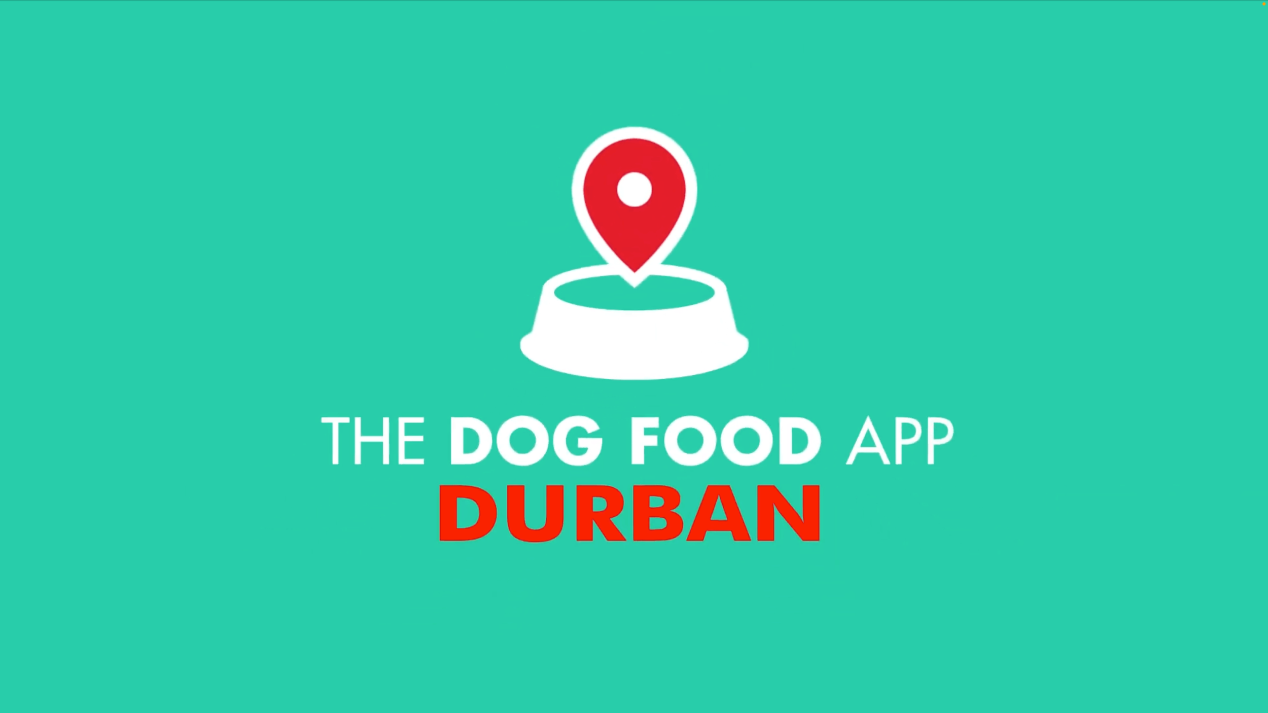 Logo for The Dog Food App Durban featuring a dog bowl with a location pin above it on a teal background, with the app's name in white and red text.