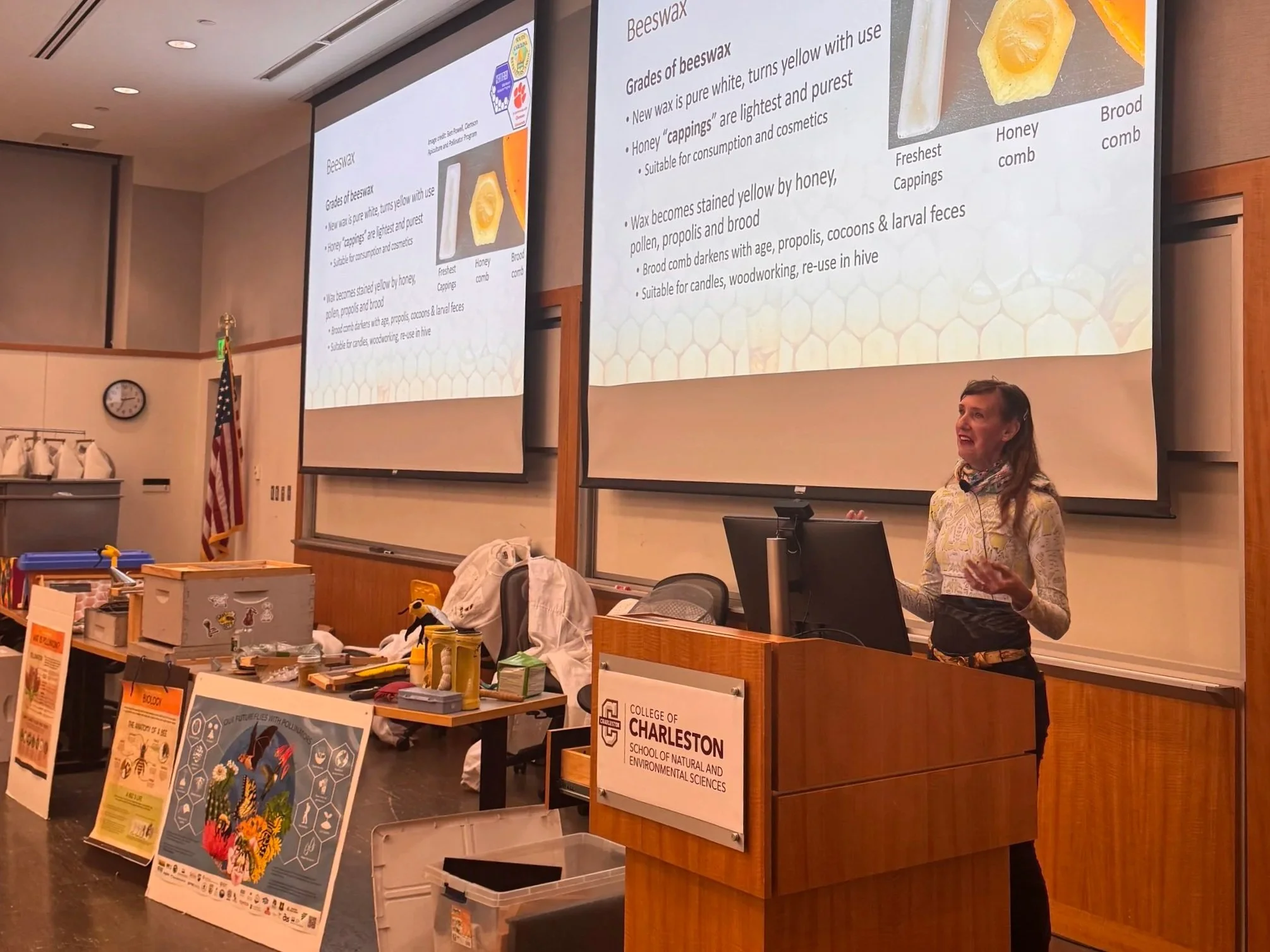 Jennifer York, Founder & Designer or Jeometry Beewear™, speaking to new-bees during a beginner beekeeping class at the College of Charleston for the Charleston Area Beekeepers Association.
