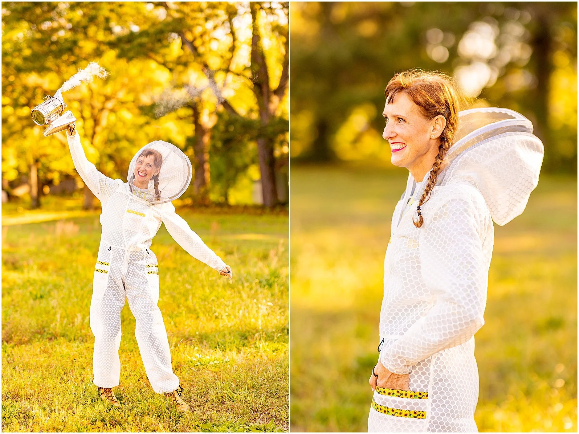 Jenna York, female beekeeper and founder of Jeometry Beewear™ wearing her Sunny Suit in the apiary