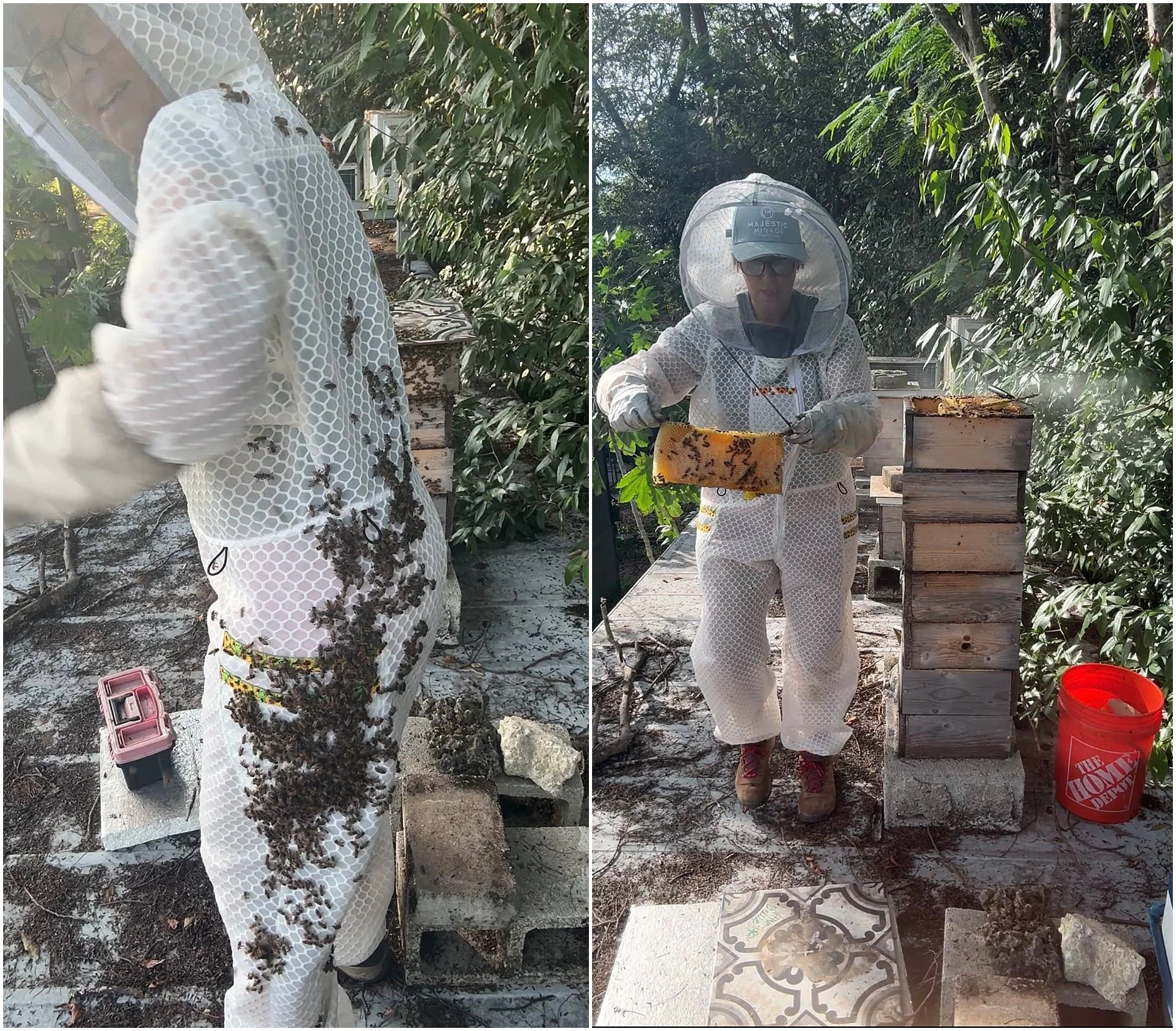 Female beekeeper hard at work in her apiary wearing her Jeometry Beewear beekeeping suit made for women beekeepers