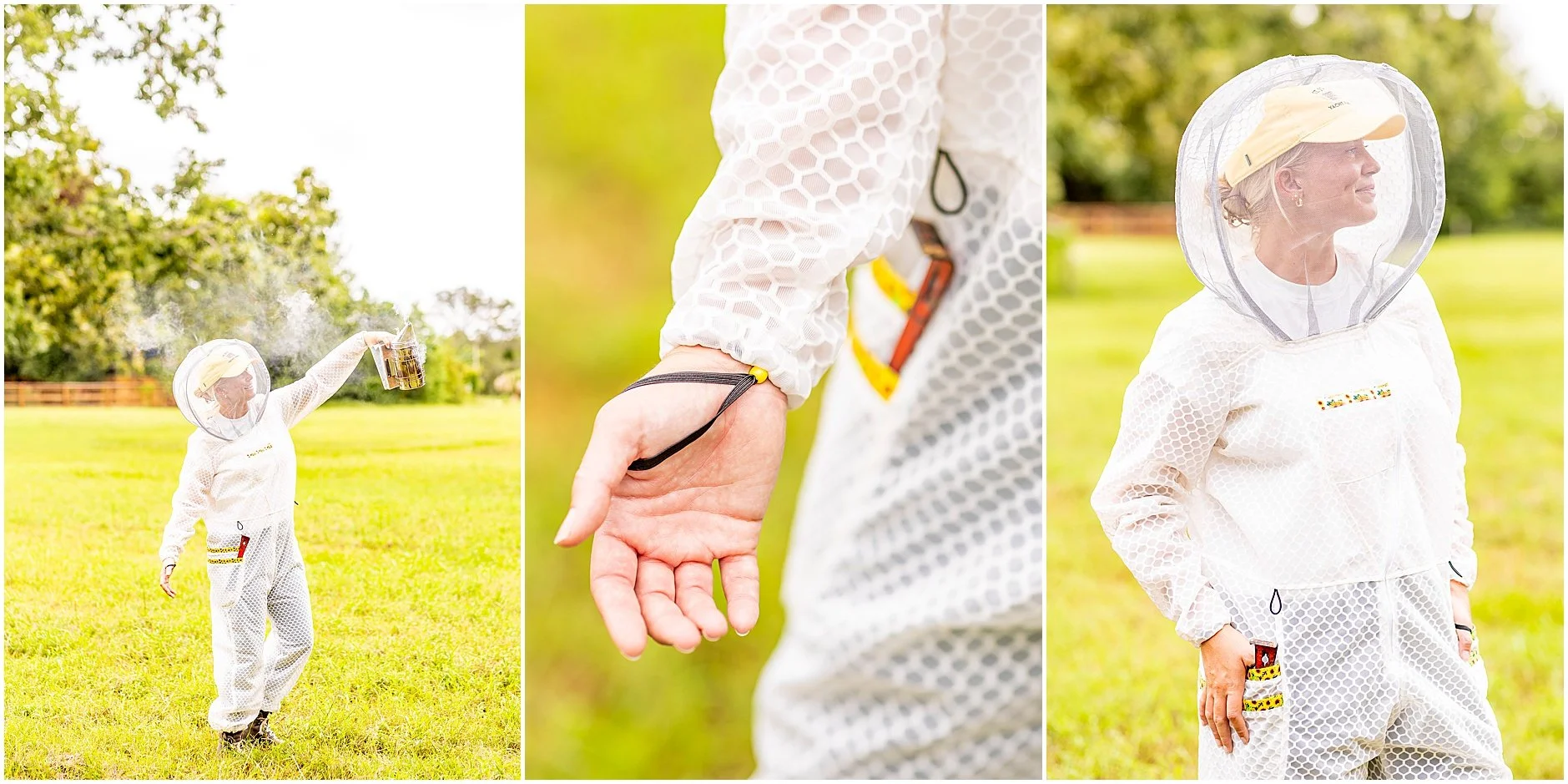 Woman beekeeper wearing Jeometry Beewear™ in her apiary in South Carolina