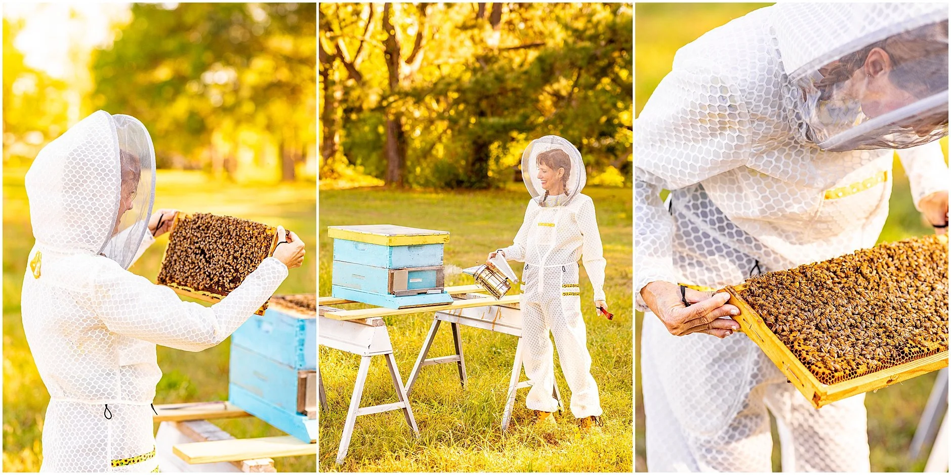 Female beekeeper working in her Charleston apiary while wearing her innovative bee suit designed for women from jeometry beewear