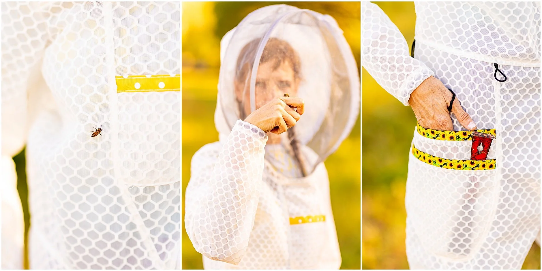 Close-up images of Jeometry Beewear™ Sunny Suit at work in a Lowcountry apiary