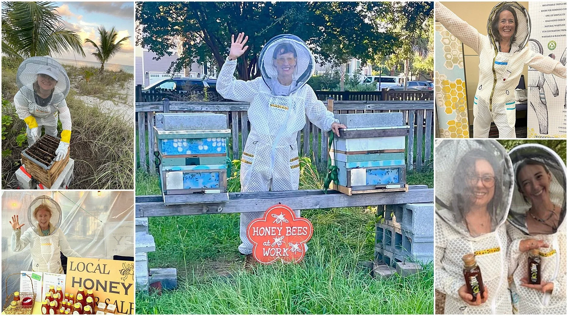 Happy women beekeeper customers in their Jeometry Beewear suits.