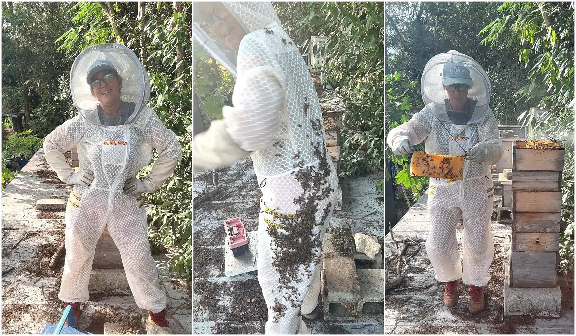 Melissa Sorokin of Beelightful Bees in Miami, Florida, wearing her Jeometry Beewear™ Sunny Suit in the field.