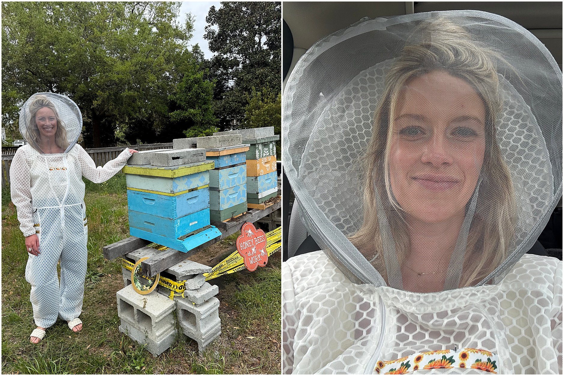 First-year beekeeper Kailee Habat smiling beside her honey bee hive wearing a women-designed beekeeping suit.