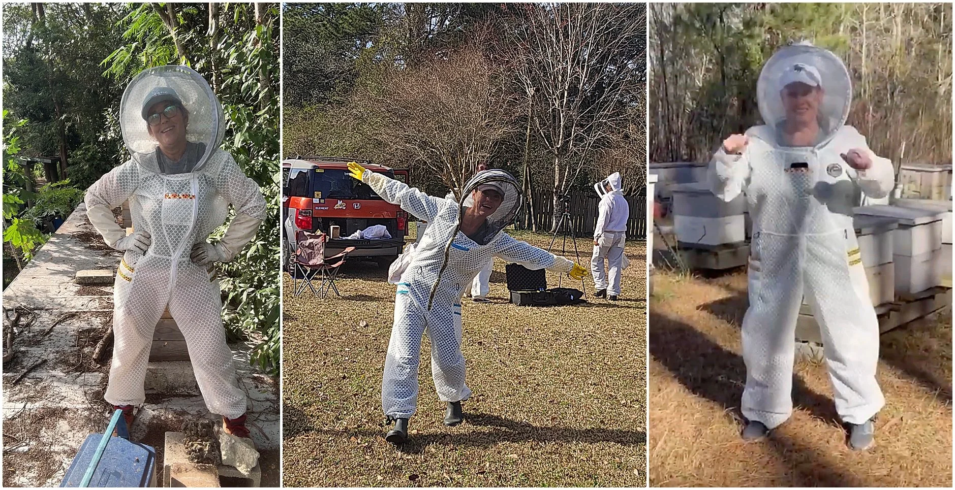 Women beekeepers wearing a comfortable and stylish bee suit made by Jeometry Beewear™ in the USA