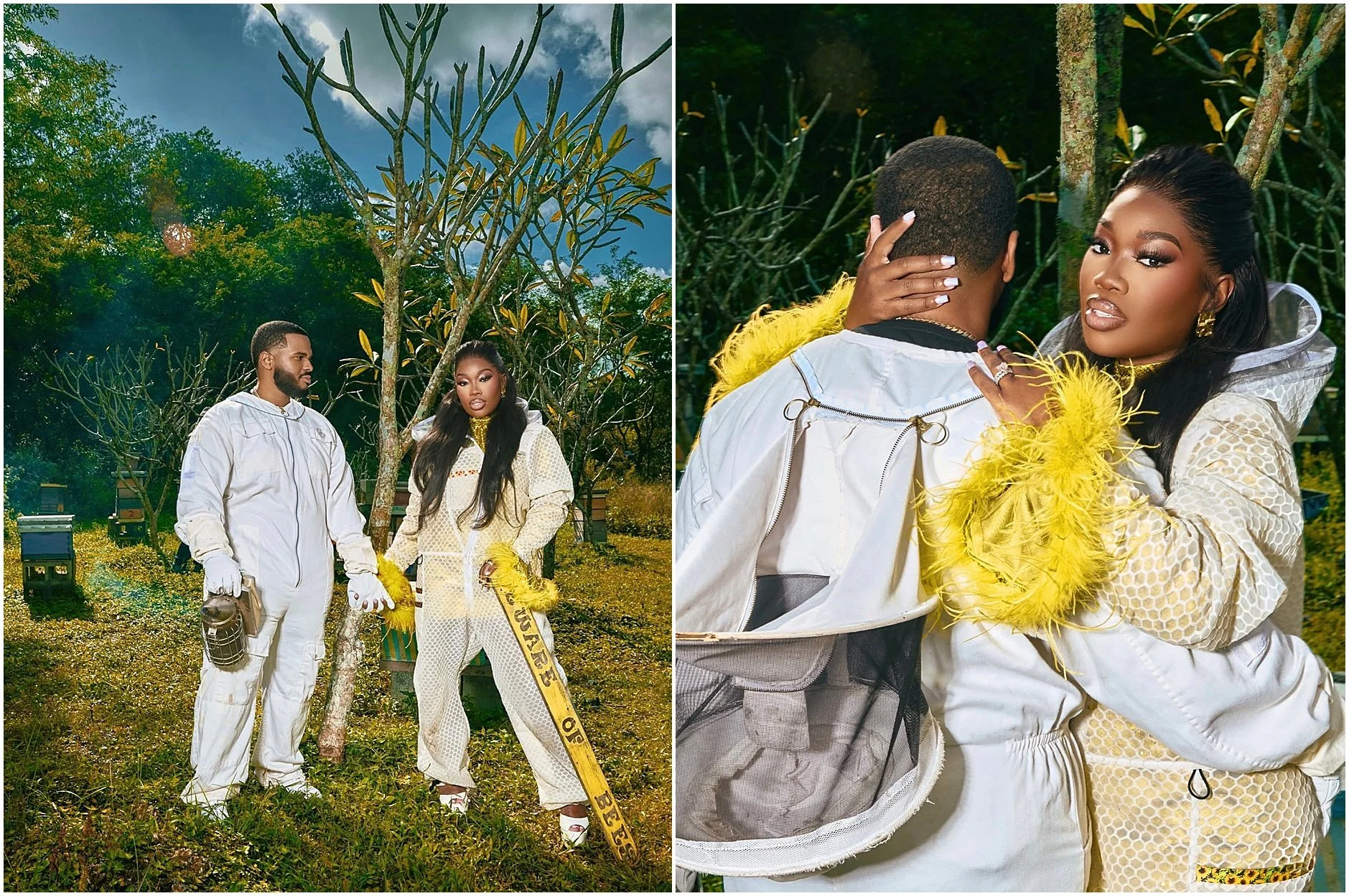 Couple embracing in front of beehives while Erika wears the Jeometry Sunny Suit designed specifically for women beekeepers.
