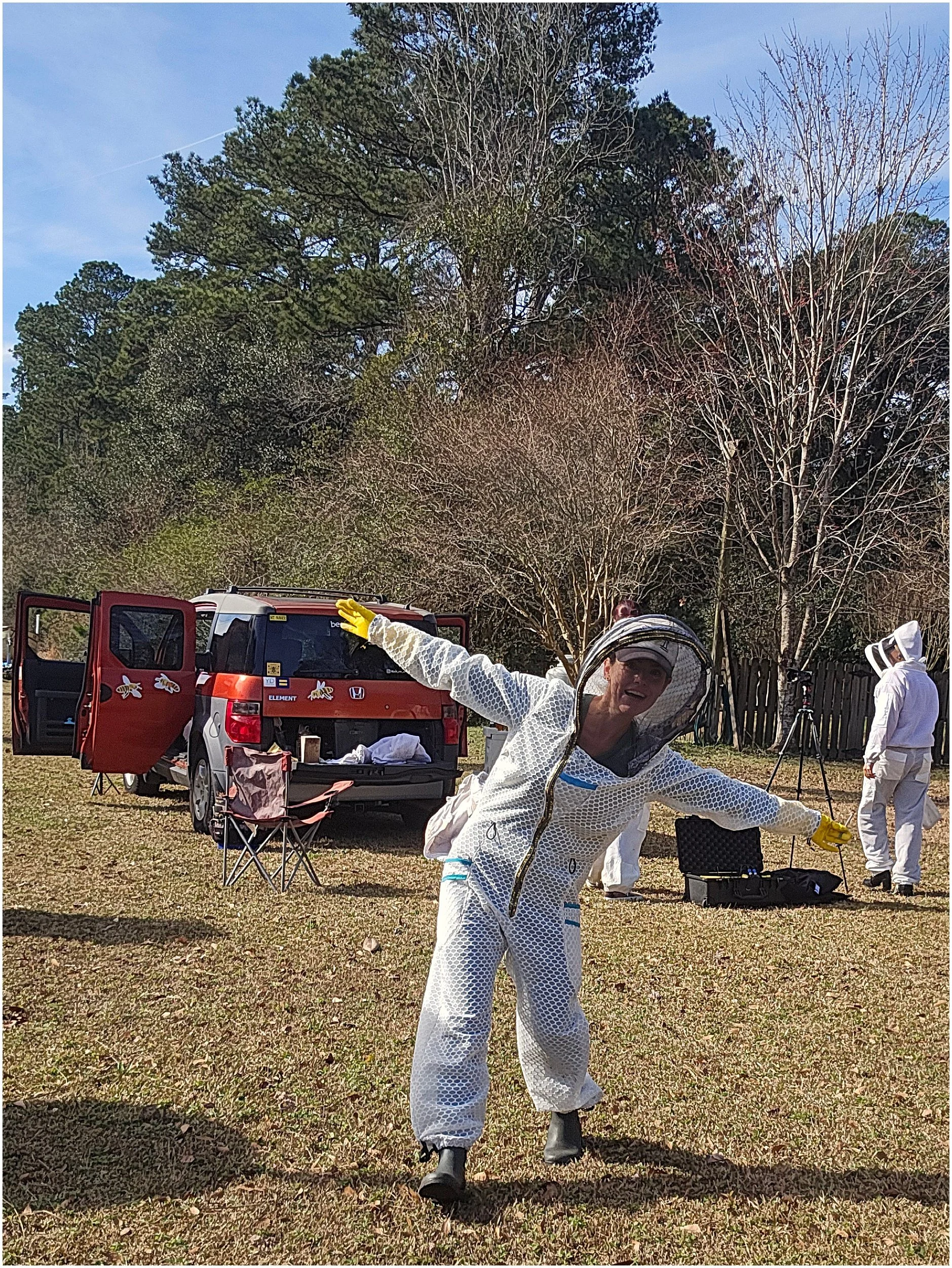 Charleston, SC female beekeeper in her Jeometry Beewear™ suit