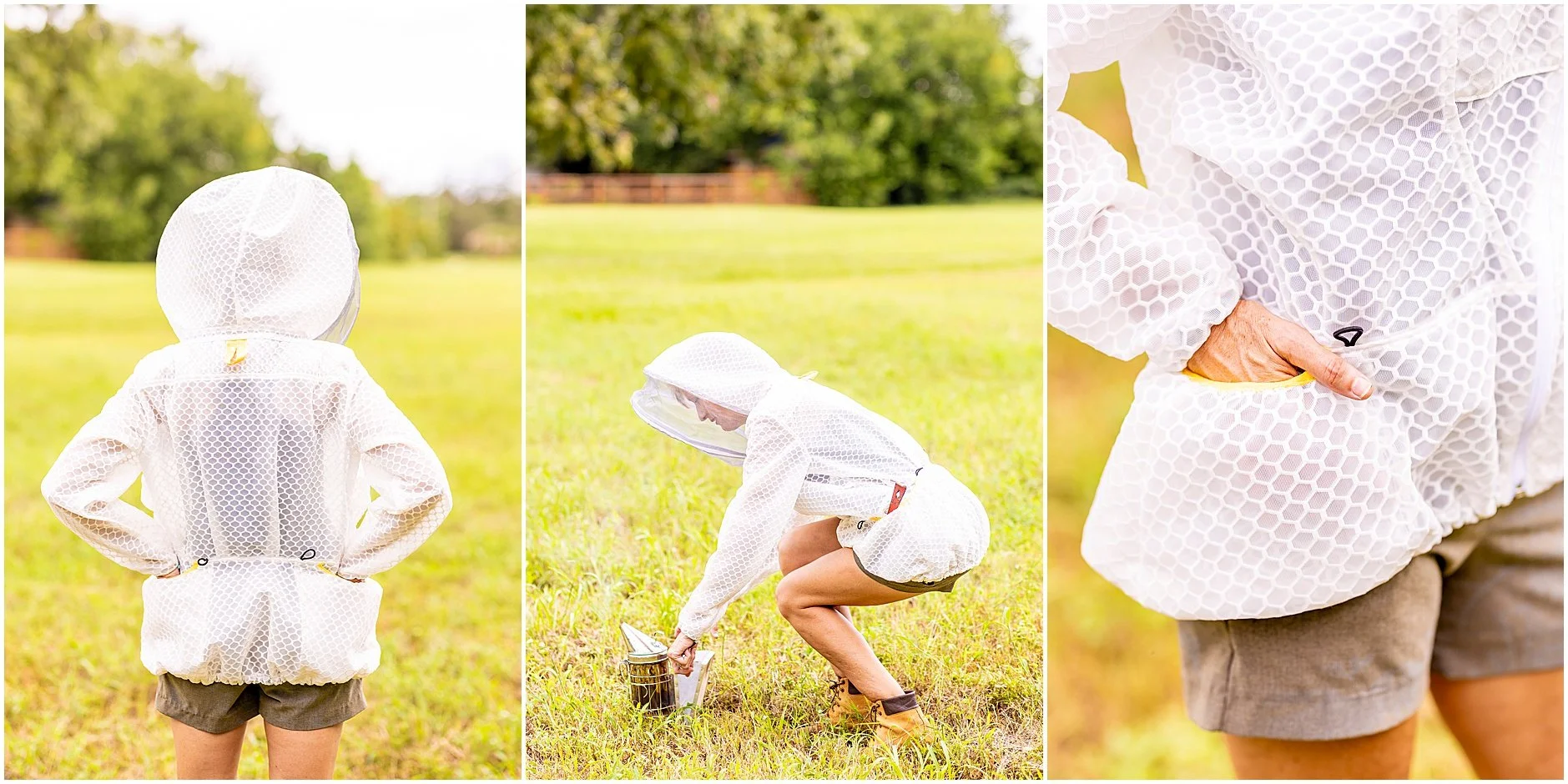 Female beekeeper wearing the Jeometry Beewear™ Sunny Jacket