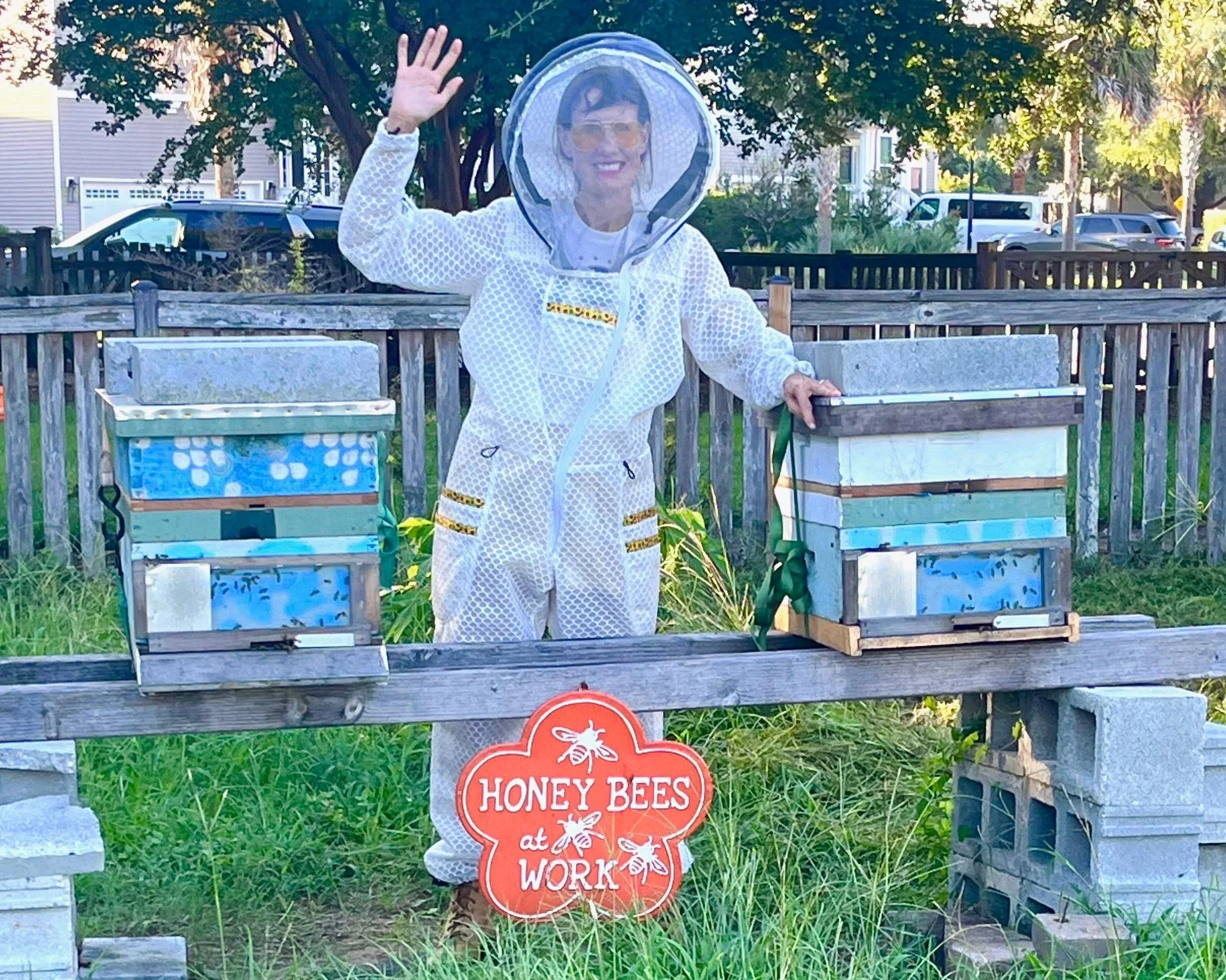 Jenna York in the Jeometry Beewear suit she designed for women beekeepers.