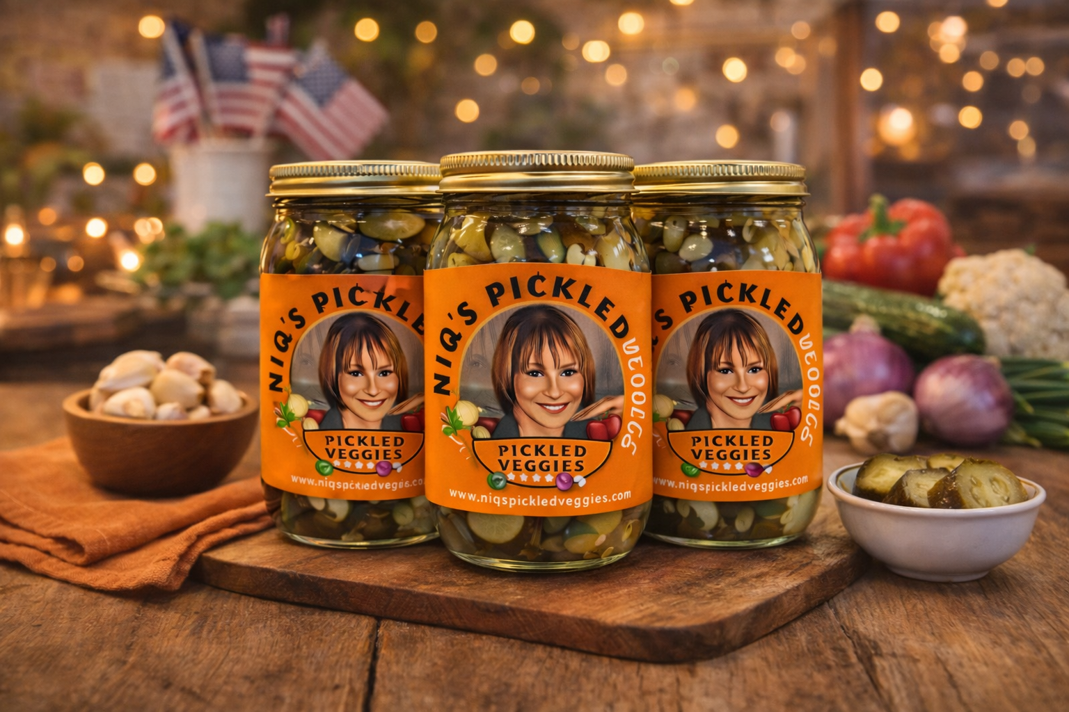 Jars of pickled vegetables with a label featuring a woman's face, set on a rustic wooden table with fresh vegetables and garlic around, blurred warm background.