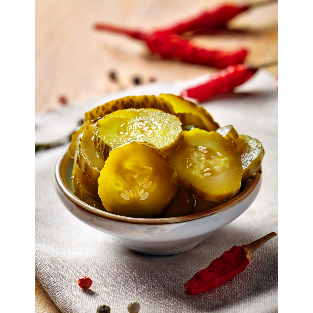 A bowl of sliced pickled cucumbers on a white cloth, with red chili peppers and peppercorns in the background.