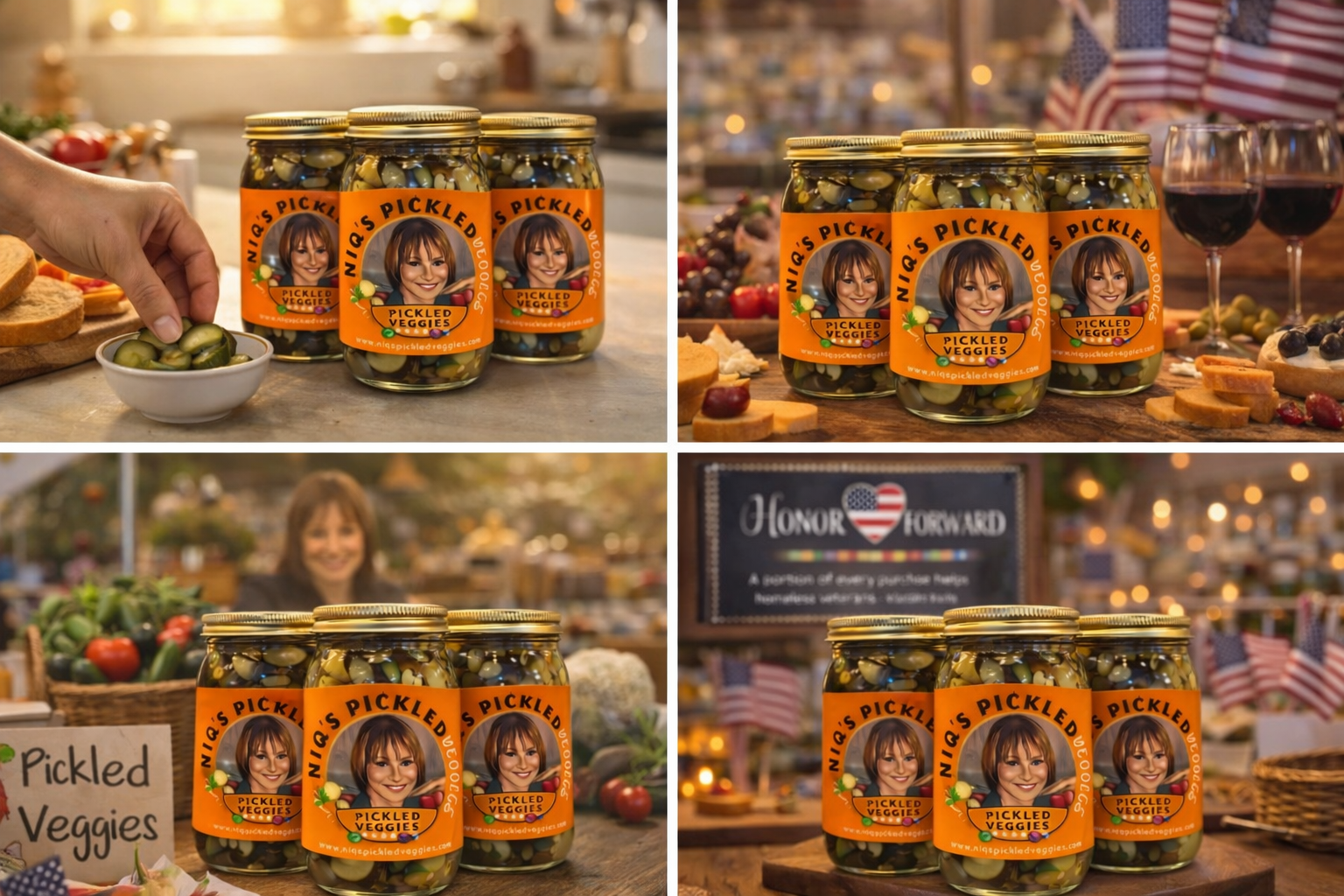 Four separate photographs of jars of NiQ's Pickled Veggies, each with an orange label featuring a woman’s face. The jars are displayed on tables at what appears to be a local market or fair with various produce, American flags, wine glasses, and banners in the background.