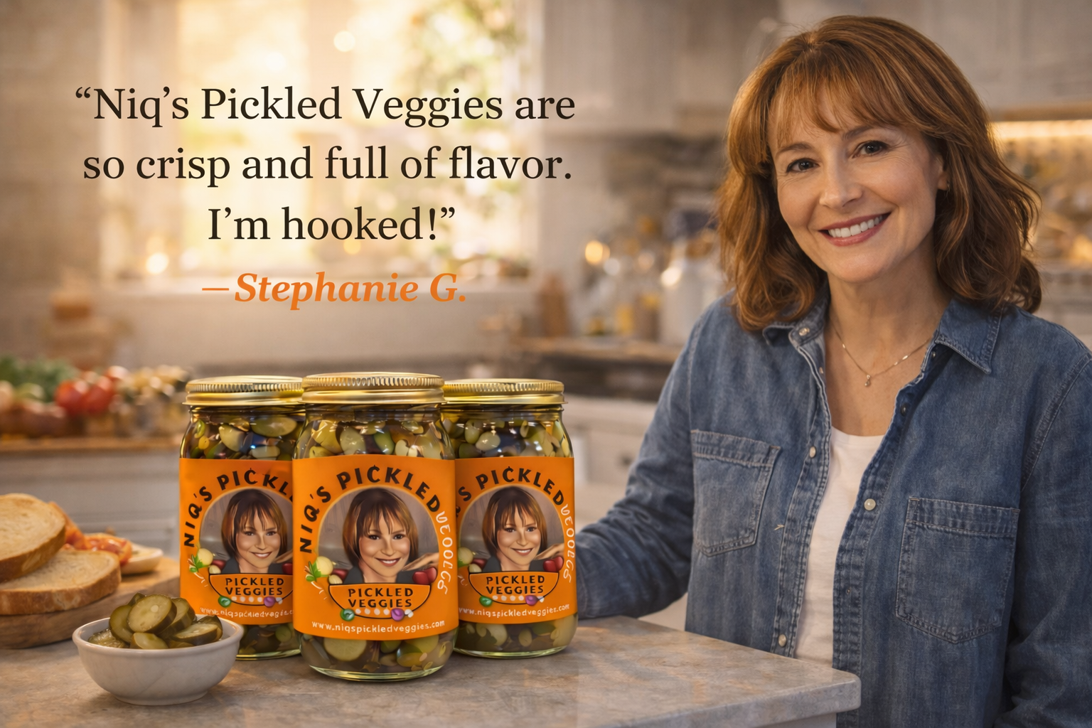 A woman with red hair in a denim shirt smiling in a kitchen with jars of Niq's Pickled Veggies on the counter, alongside sliced pickles and bread, with a quote from Stephanie G on the image.