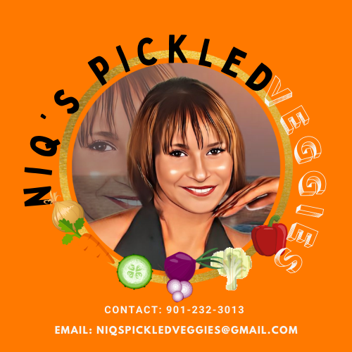 Logo for Niqi's Pickled Veggies featuring a woman smiling, with vegetables like cucumber, onion, purple cabbage, cauliflower, and an apple around her, set against an orange background.